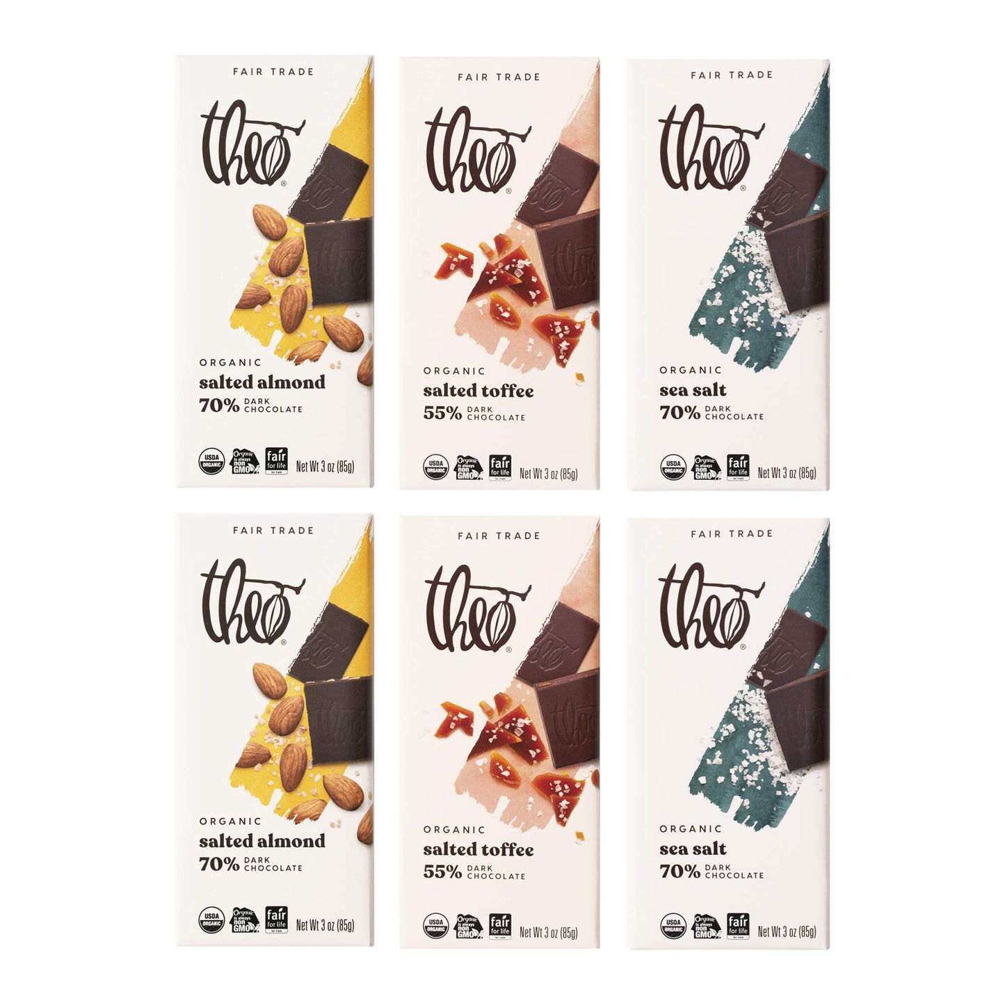 Theo Chocolate Organic Dark Chocolate + Sea Salt Variety 6 Pack | Fair Trade, Chocolate Gift | 3oz Bars