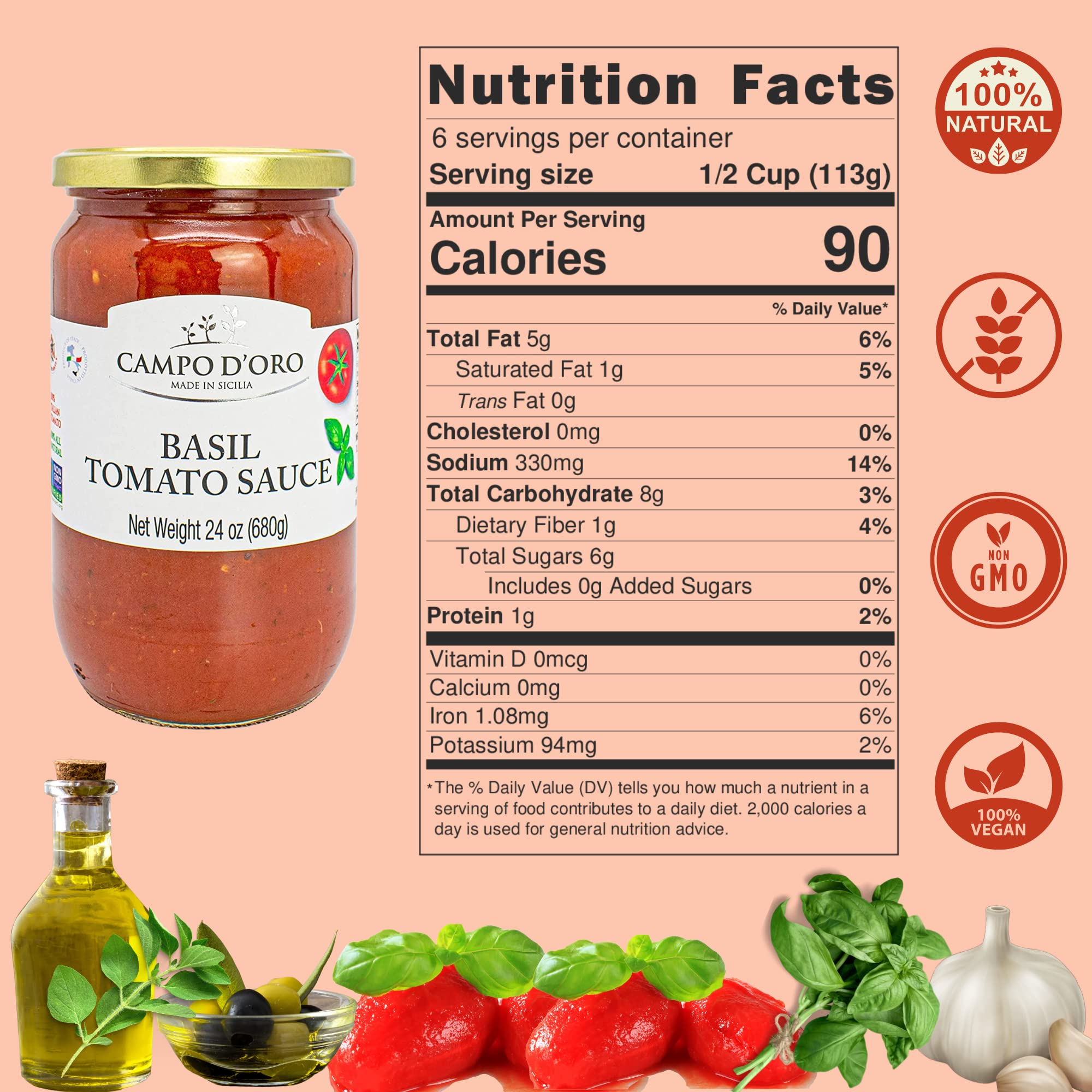 CAMPO D'ORO - Tomato Spaghetti Sauce with Basil, Pasta Sauce, 24 oz (680g)