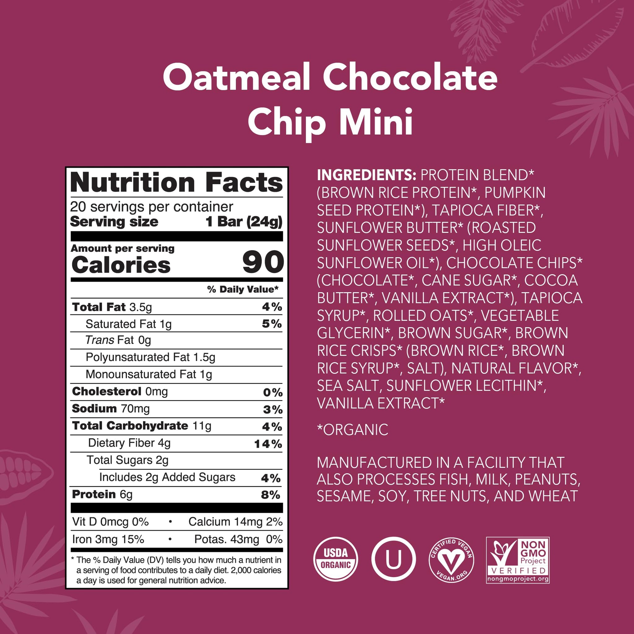 ALOHA Organic Plant Based Protein Bar MINIS | Oatmeal Chocolate Chip | GLP-1 Friendly, 20 Count, 24g Bars | Vegan, Low Sugar, Gluten Free, Low Carb