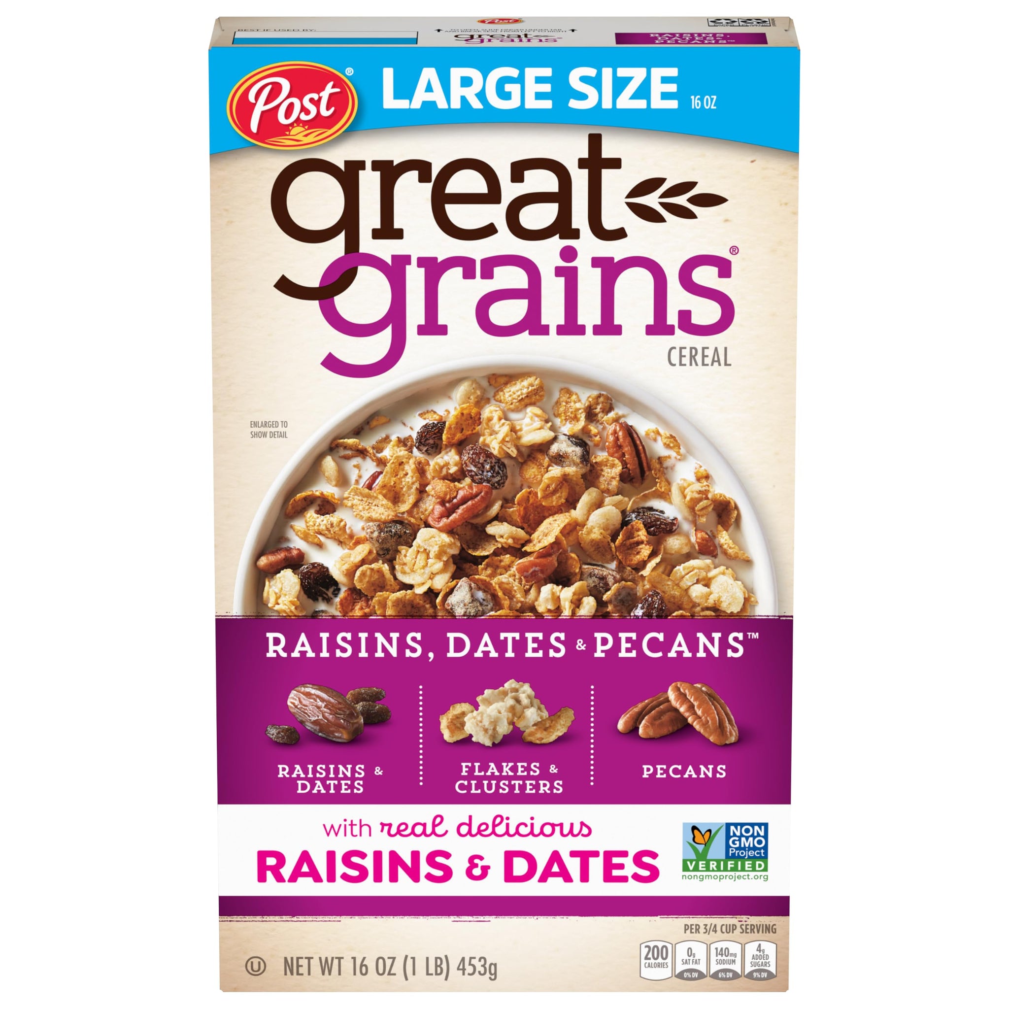 Great Grains Raisins Dates and Pecans Breakfast Cereal, Raisin Cereal with Sweet Dates and Granola Clusters, Non-GMO Project Verified, 16 OZ Box