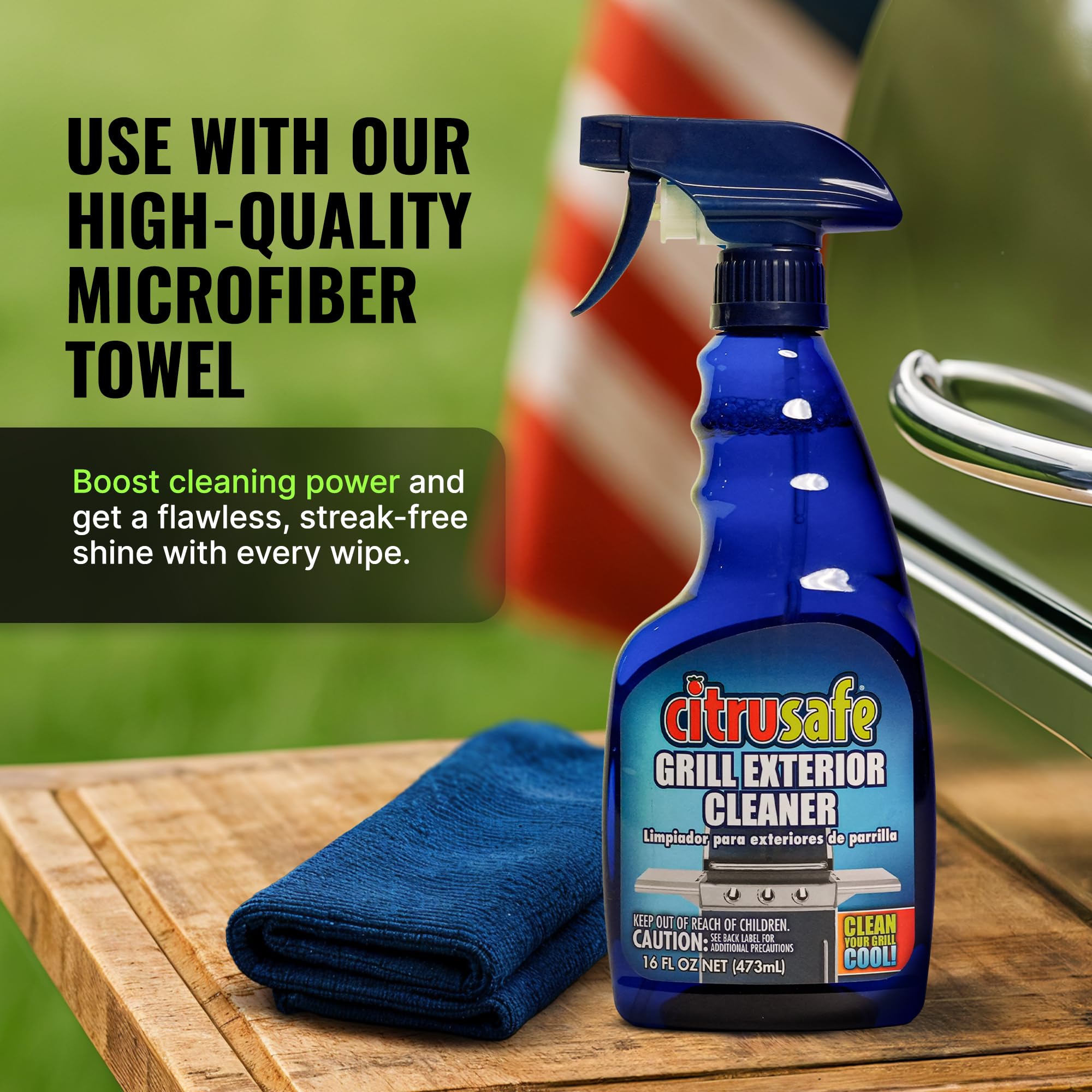 Citrusafe Exterior Grill Cleaner for Outdoor Grill (16 OZ) - Streak Free Clean for Stainless Steel - Safe to use on all Exterior Grills Such as Gas