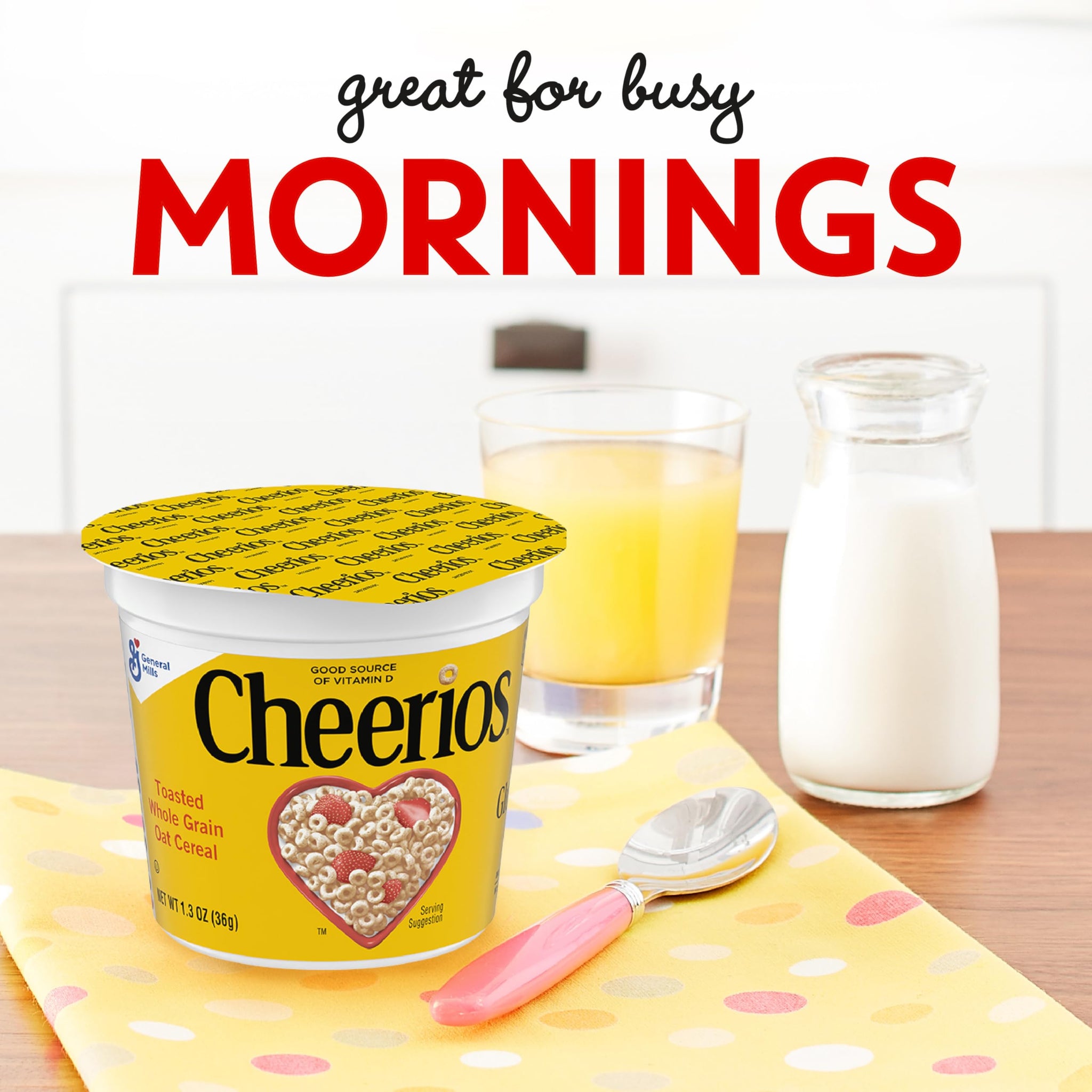 Cheerios Breakfast Cereal Cup, Gluten Free, Single Serve Cereal, 1.3 oz (Pack of 12)