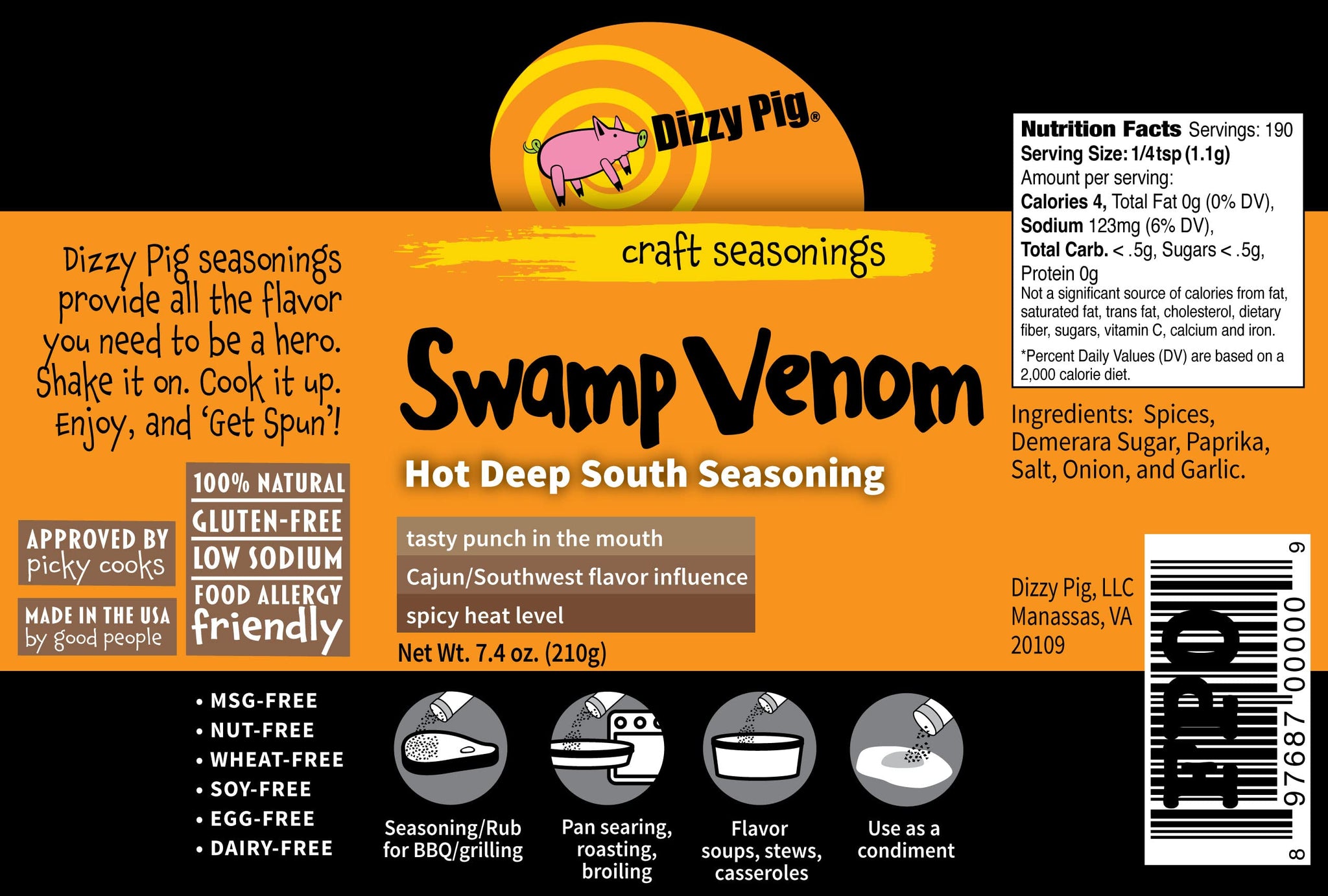 Dizzy Pig Swamp Venom Hot Deep South Seasoning Rub (8oz Shaker) - Seasons 30+lbs of Food - Hand Made in the USA - MSG Free, Gluten Free