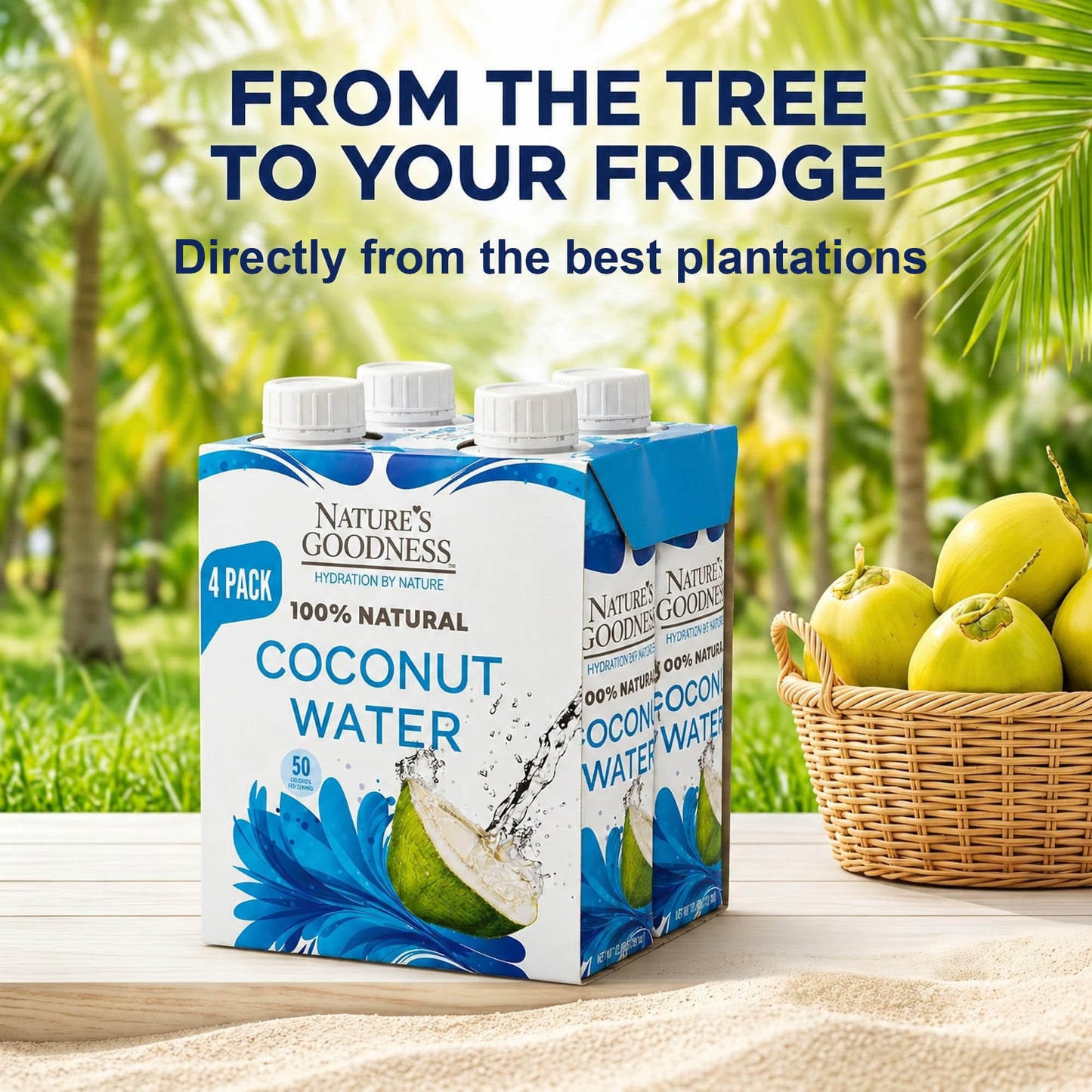 Nature's Goodness Coconut Water No Sugar Added - Unsweetened, Fat Free, Plant-Based Electrolyte Drink - 4 Pack 44.8 Fl Oz Total (4 x 330 ml)