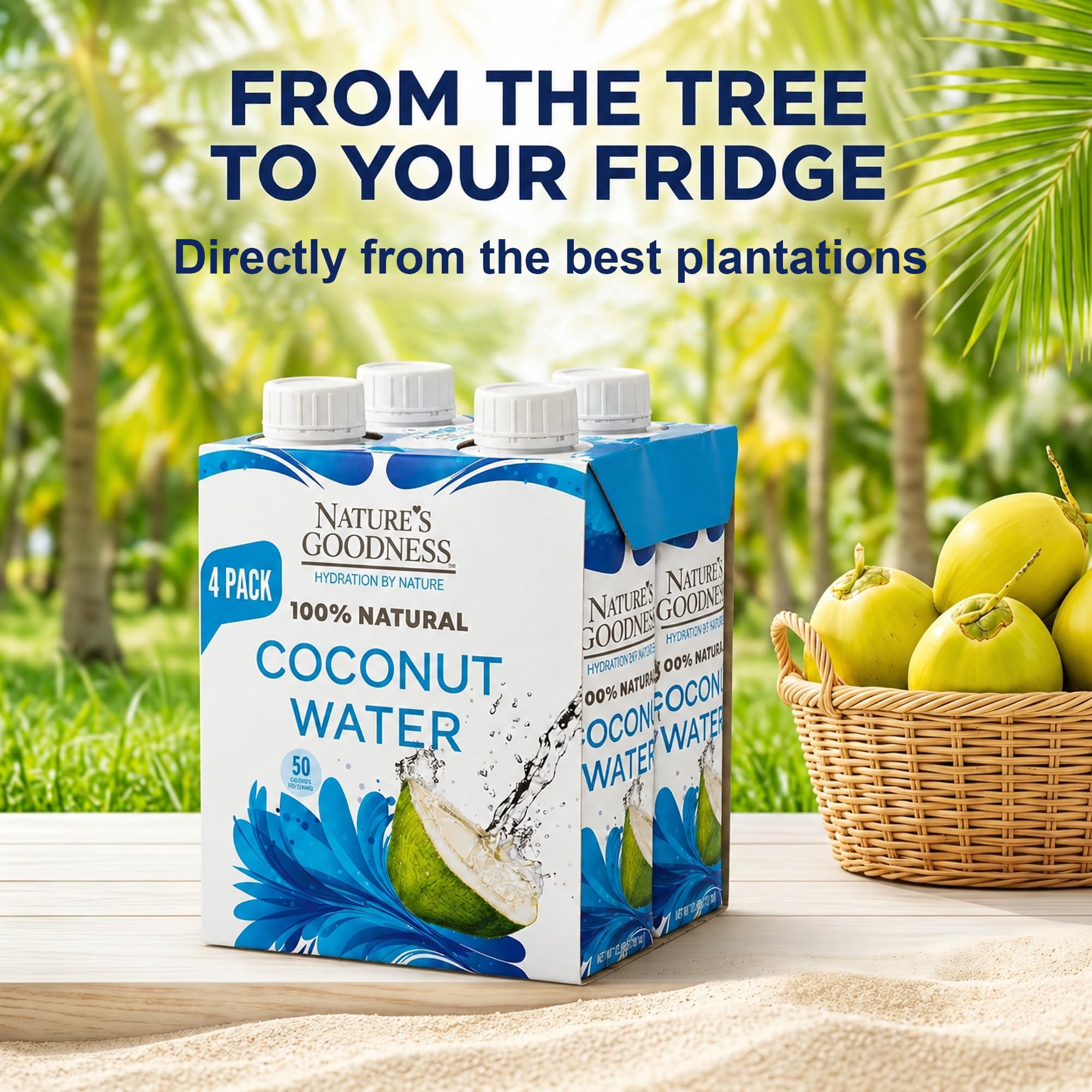 Nature's Goodness Coconut Water No Sugar Added - Unsweetened, Fat Free, Plant-Based Electrolyte Drink - 4 Pack 44.8 Fl Oz Total (4 x 330 ml)