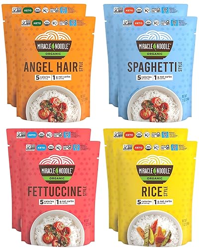 Miracle Noodle Organic Variety Pack (Angel Hair, Spaghetti, Fettuccine, & Rice) - Ready-To-Eat, Konjac Shirataki Noodles, Keto, Gluten Free, Low Carb