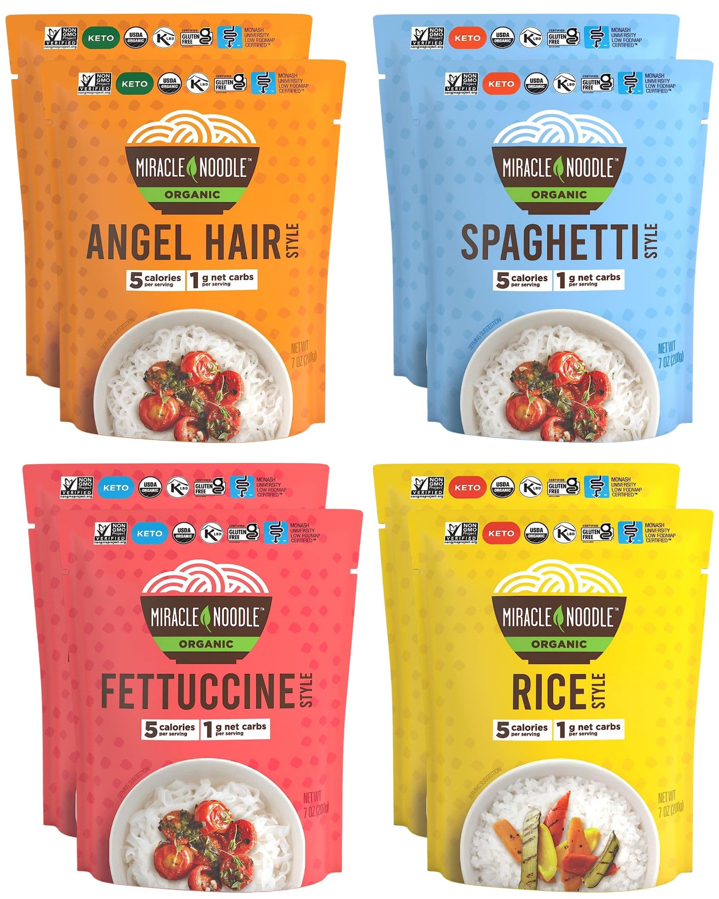 Miracle Noodle Organic Variety Pack (Angel Hair, Spaghetti, Fettuccine, & Rice) - Ready-To-Eat, Konjac Shirataki Noodles, Keto, Gluten Free, Low Carb