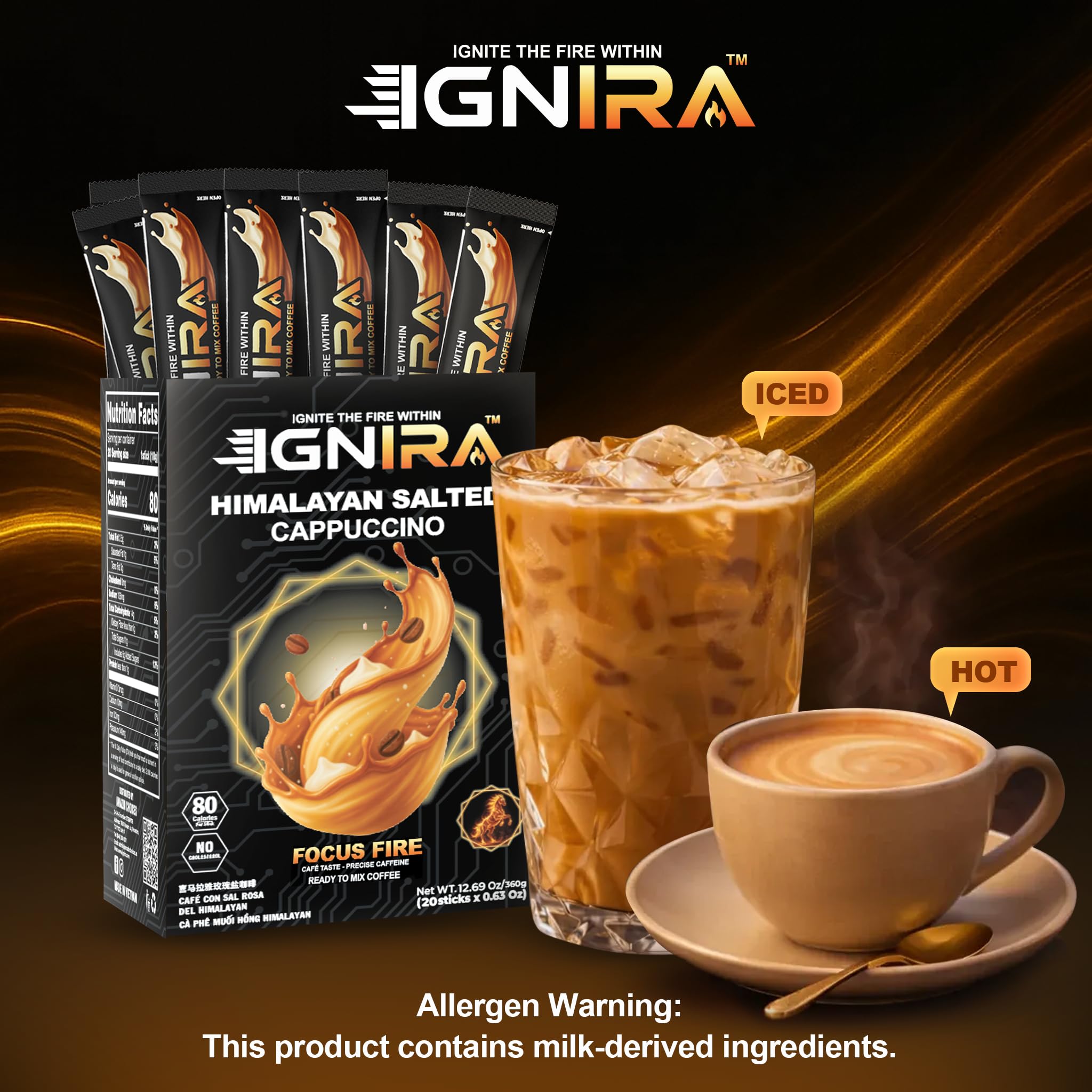 IGNIRA Himalayan Salted Cappuccino - Blend Rich Flavor, Premium Robusta Instant Salted Coffee Packets, Hot or Iced Milk Coffee, Smooth Salted Flavor