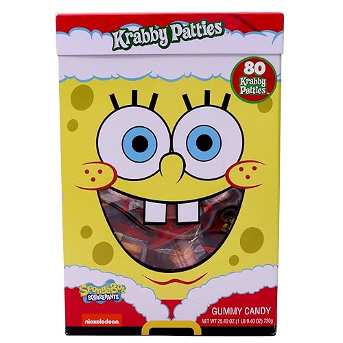 SpongeBob SquarePants Krabby Patty Gummy Candy Santa Box, 80 Count, Christmas Stocking Stuffers and Gifts, by Frankford Candy