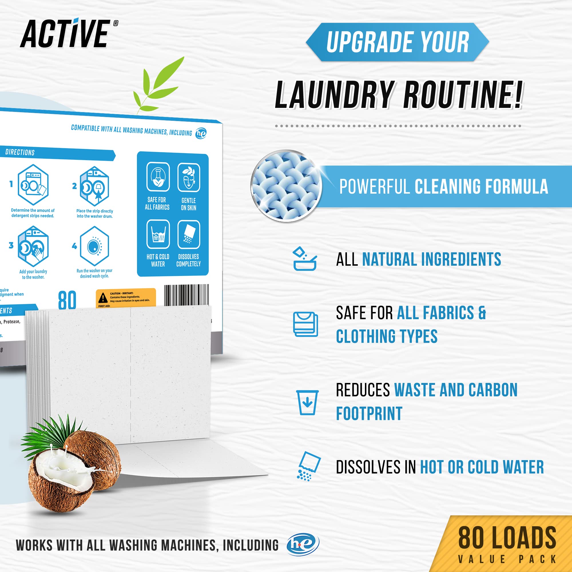 Laundry Detergent Sheets Eco Washing Strips - 80 Loads, Liquidless Fresh Scented Clothes Washer Sheet, Zero Waste Travel Laundry Strip, Dissolvable