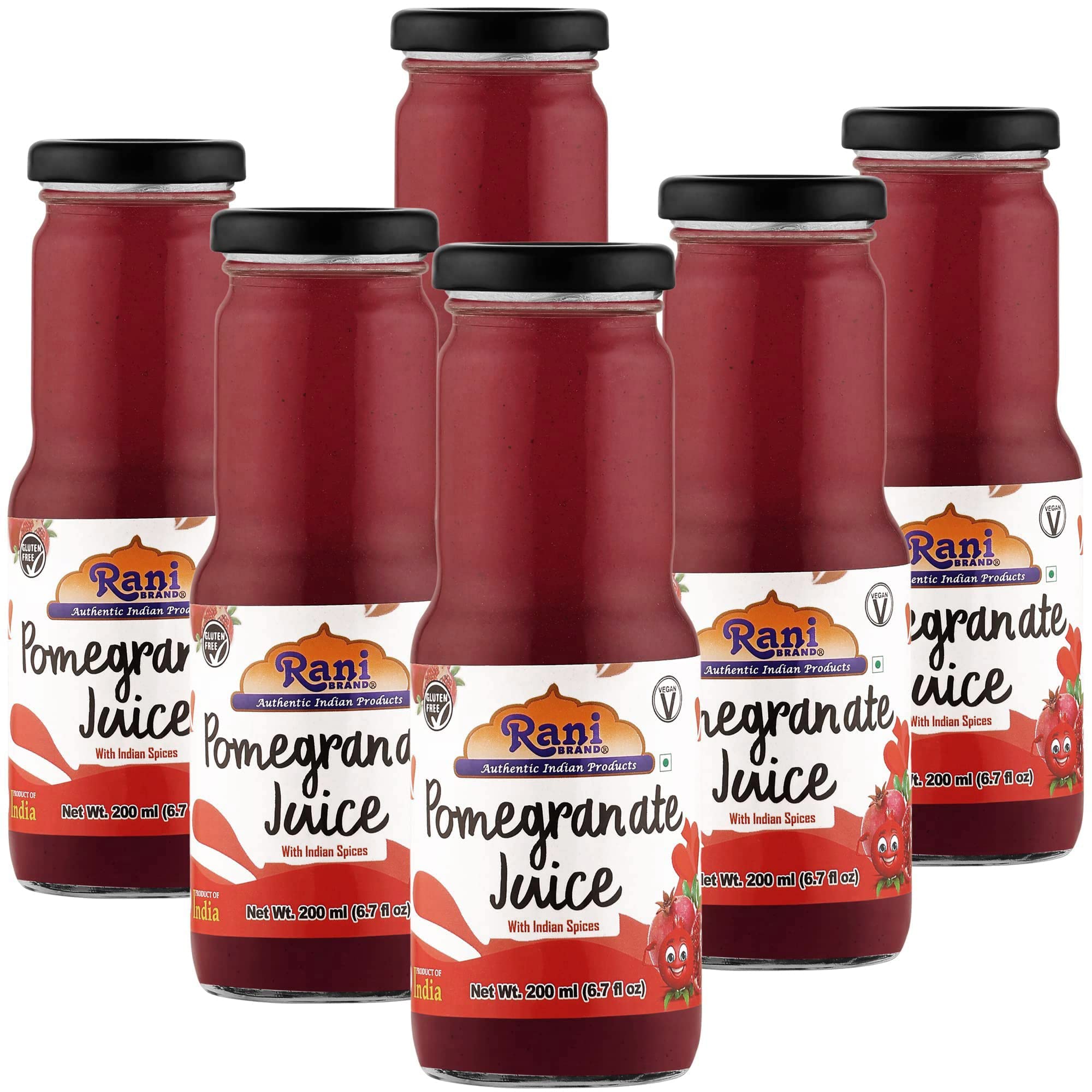 Rani Pomegranate Juice 6.7 fl oz (200 ml) Glass Bottle, Pack of 6 ~ Indian Fruit Beverage | Vegan | Gluten Free | NON-GMO | Indian Origin