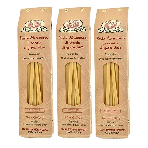 Rustichella d'Abruzzo Fettuccine (Pack of 3), 500g Each - Egg-Free Wide Ribbon Pasta - Perfect for Sauces - Cooks in 11-13 Minutes - Traditional