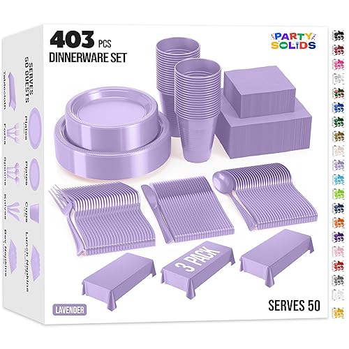Party Solids 403 Pcs Lavender Plastic Plates For Party, Lavender Disposable Plates Set, 50 Each 9" Plate, 7" Plate, 12 Oz Cups, 2 Size Napkins