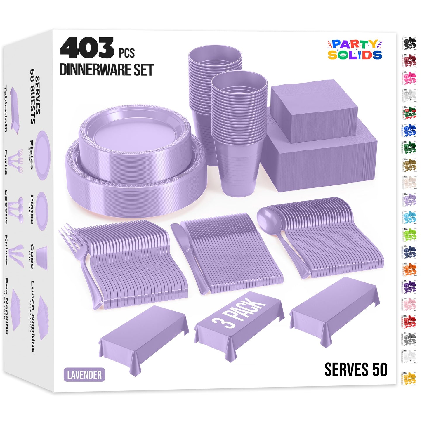Party Solids 403 Pcs Lavender Plastic Plates For Party, Lavender Disposable Plates Set, 50 Each 9" Plate, 7" Plate, 12 Oz Cups, 2 Size Napkins