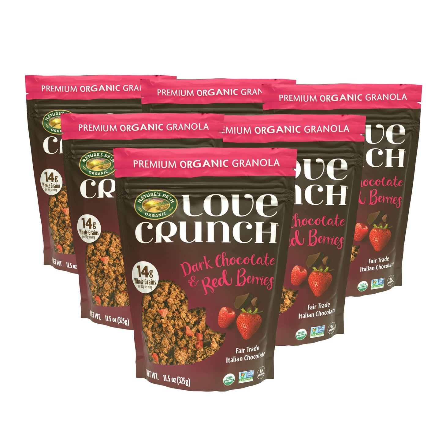 Love Crunch Organic Dark Chocolate & Red Berries Granola, 11.5 oz (Pack of 6), Vegan, Non-GMO, Fair Trade, by Nature's Path