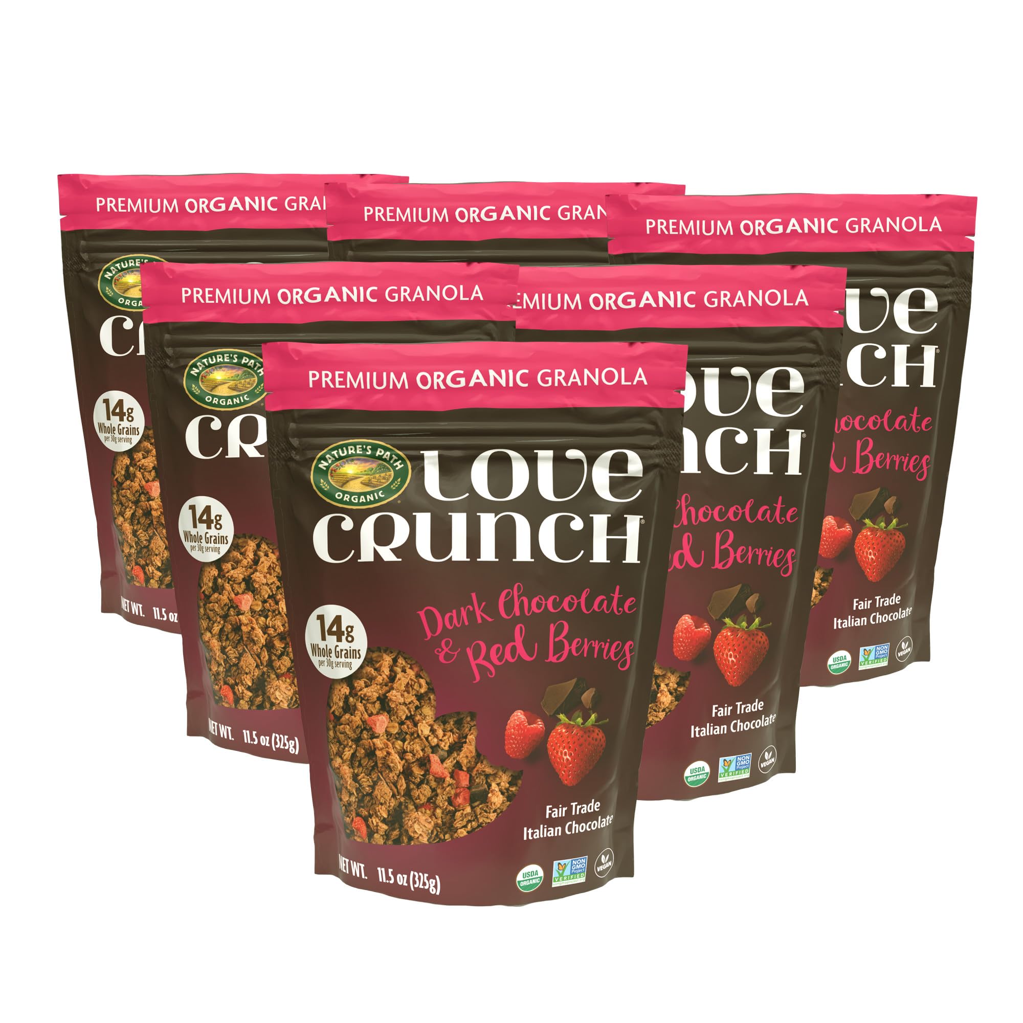 Love Crunch Organic Dark Chocolate & Red Berries Granola, 11.5 oz (Pack of 6), Vegan, Non-GMO, Fair Trade, by Nature's Path