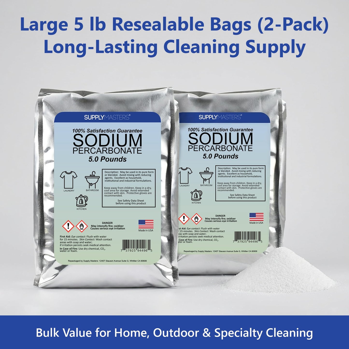 Supply Masters Sodium Percarbonate Powder 2 Pack (10 lbs Total) - Oxygen Bleach Alternative & Stain Remover - Multi-Purpose Cleaner for Laundry