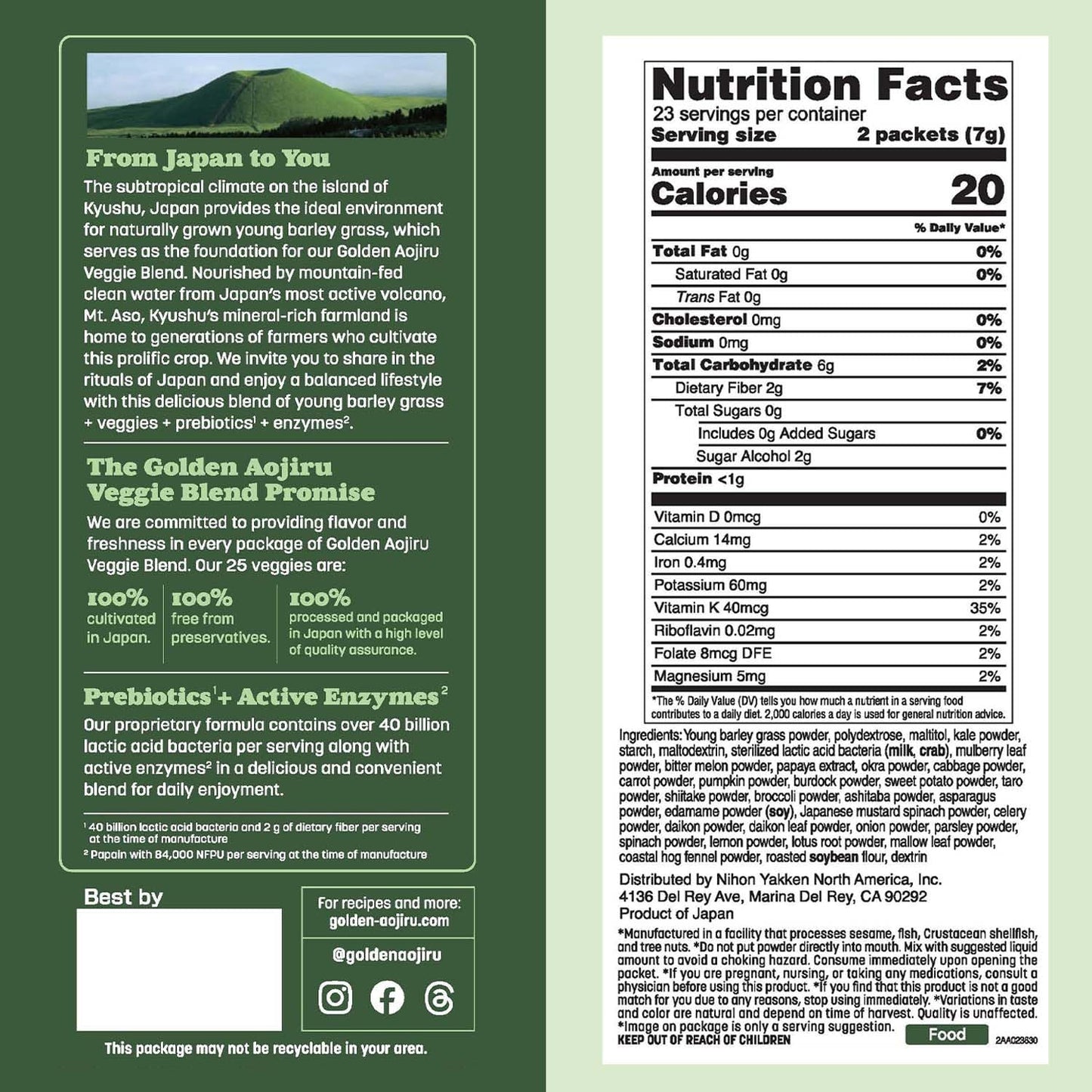 NIHON YAKKEN Golden Aojiru Green Superfood Powder - Japanese Barley Grass Juice with 25+ Vegetables, Prebiotic & Enzymes - Gluten Free, Green Juice