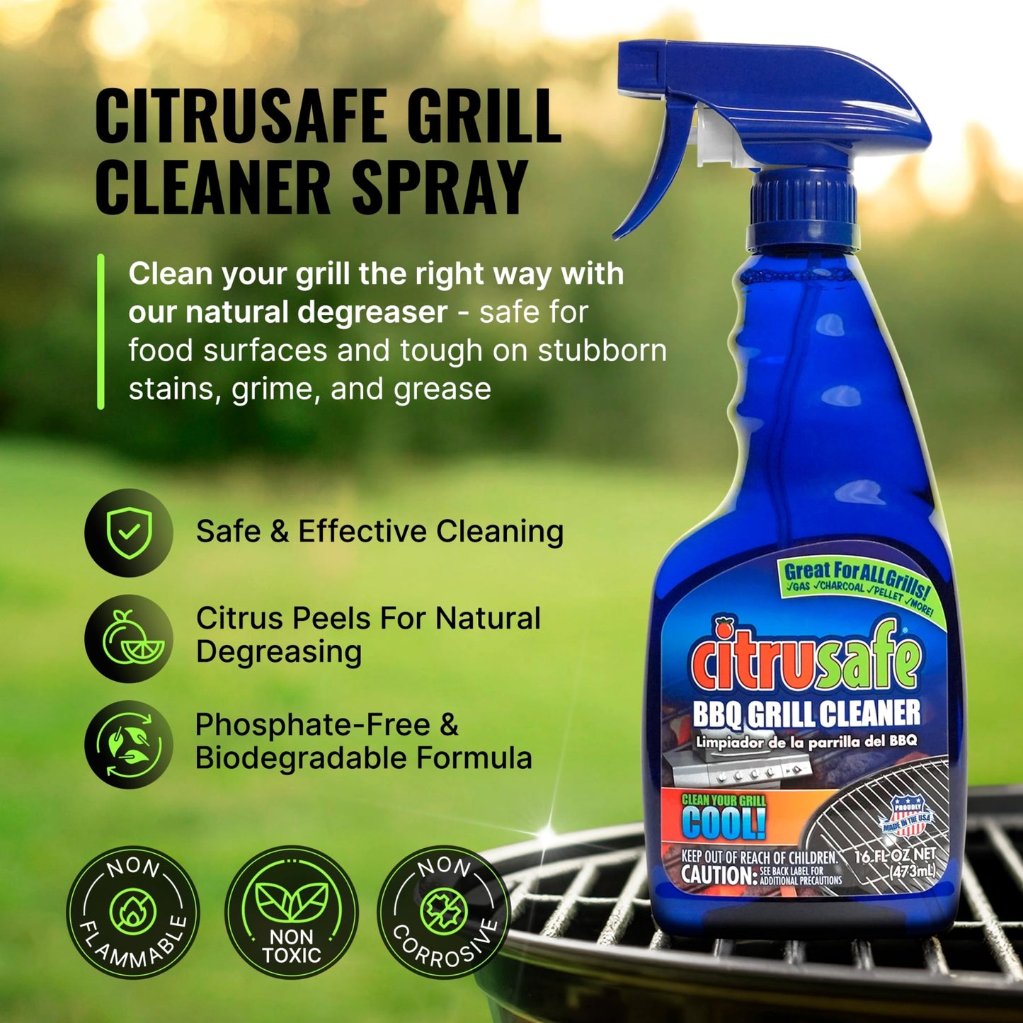 CitruSafe Grill Cleaning Kit - BBQ Grill Cleaner (16oz) and BBQ Grill Scrubber with 3 Heavy Duty Replaceable Scrubber Pads - Formulated to Safely
