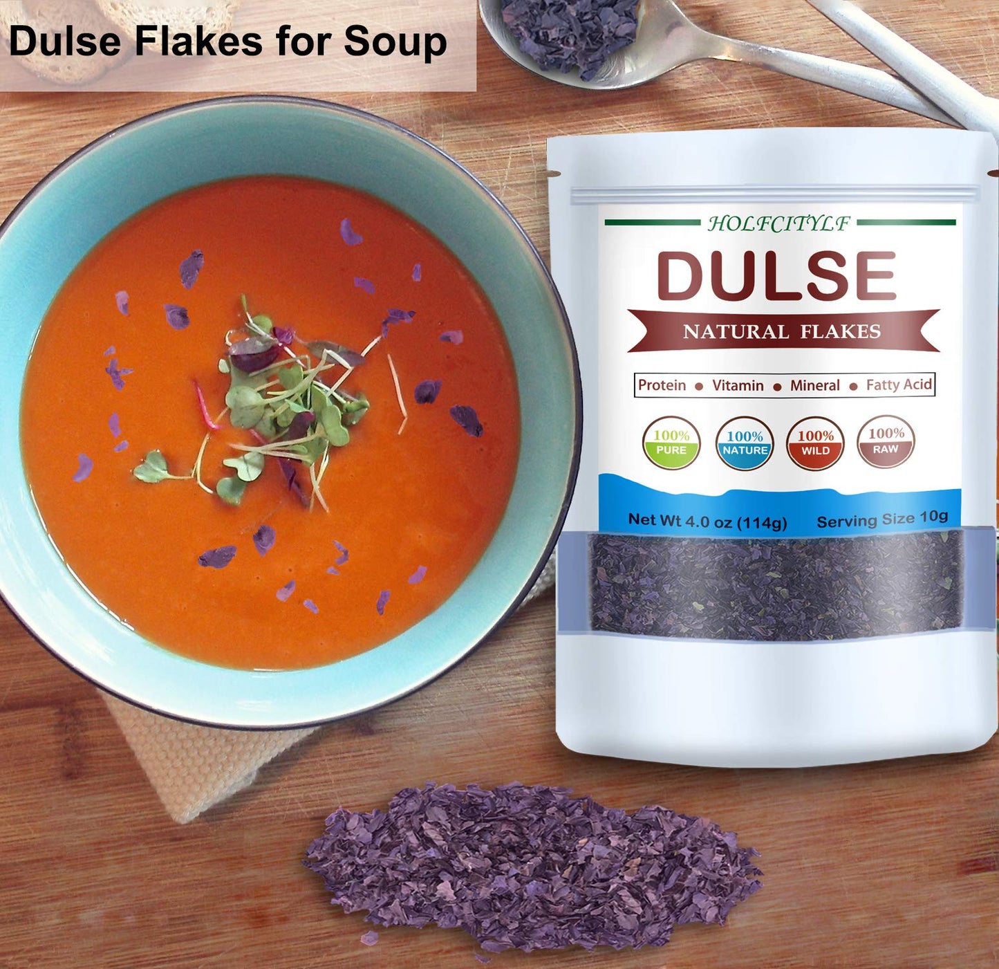 HOLFLYING Natural Dulse Flakes, 100% Pure Sea Vegetables, No Gmo, Sun Dried (Dulse Flakes-4oz,114g)
