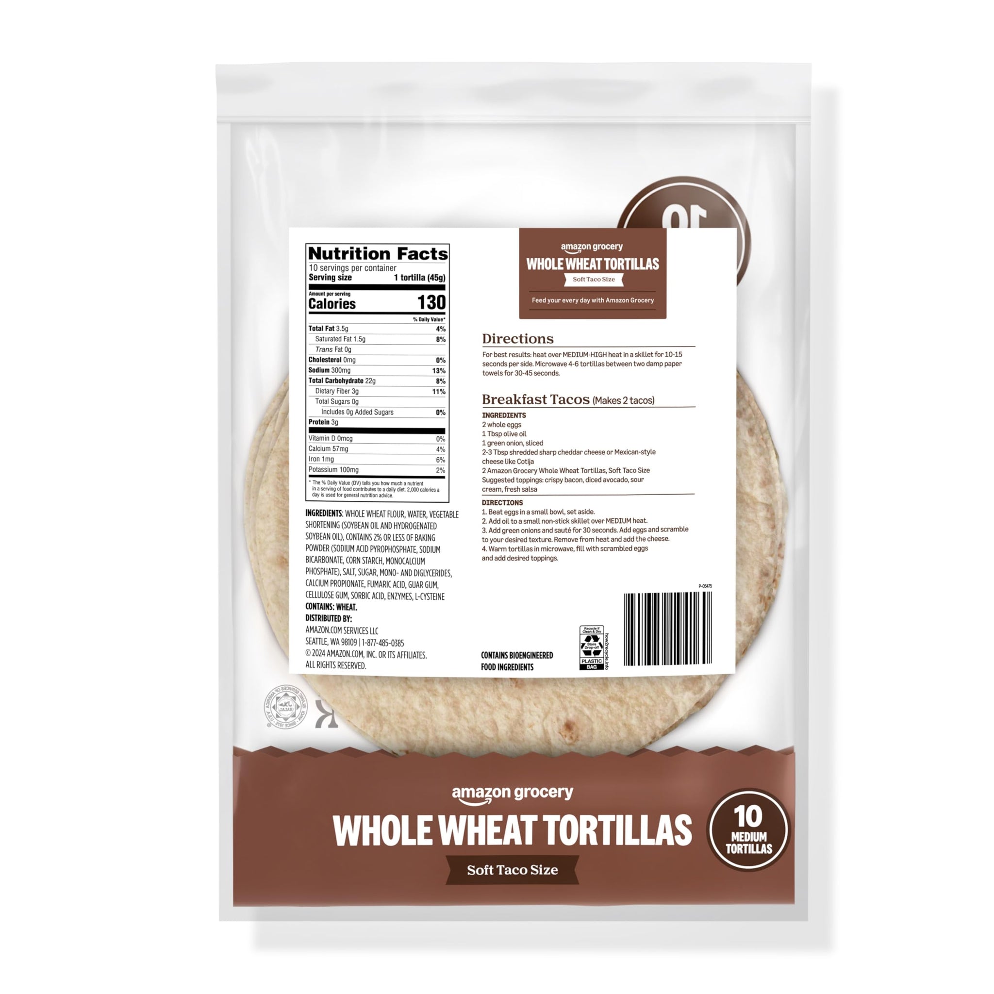 Amazon Grocery, Whole Wheat Tortilla, Soft Taco Size, 16 Oz, 10 Ct
