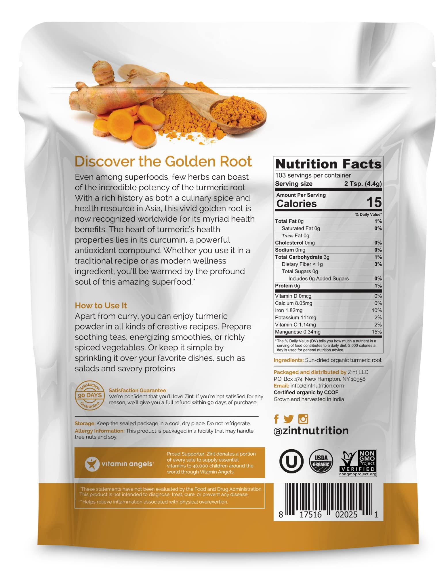 Zint Organic Turmeric Powder (16 oz): Raw Turmeric Root Curcumin Powder Spice, For Cooking, Smoothies, Golden Milk