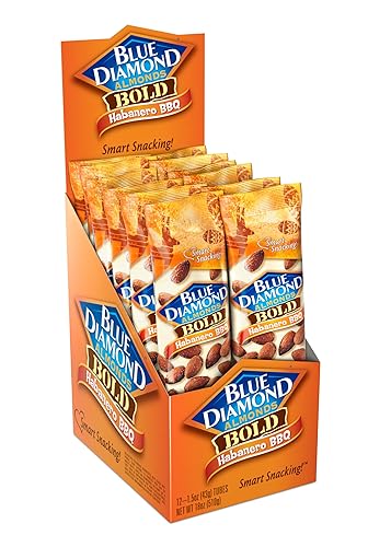 Blue Diamond Almonds, BOLD Flavored Habanero BBQ On-The-Go Snack Nuts Perfect for Road Trips, Lunches, Kids and Adults, 1.5 Single Serving Tubes, 12