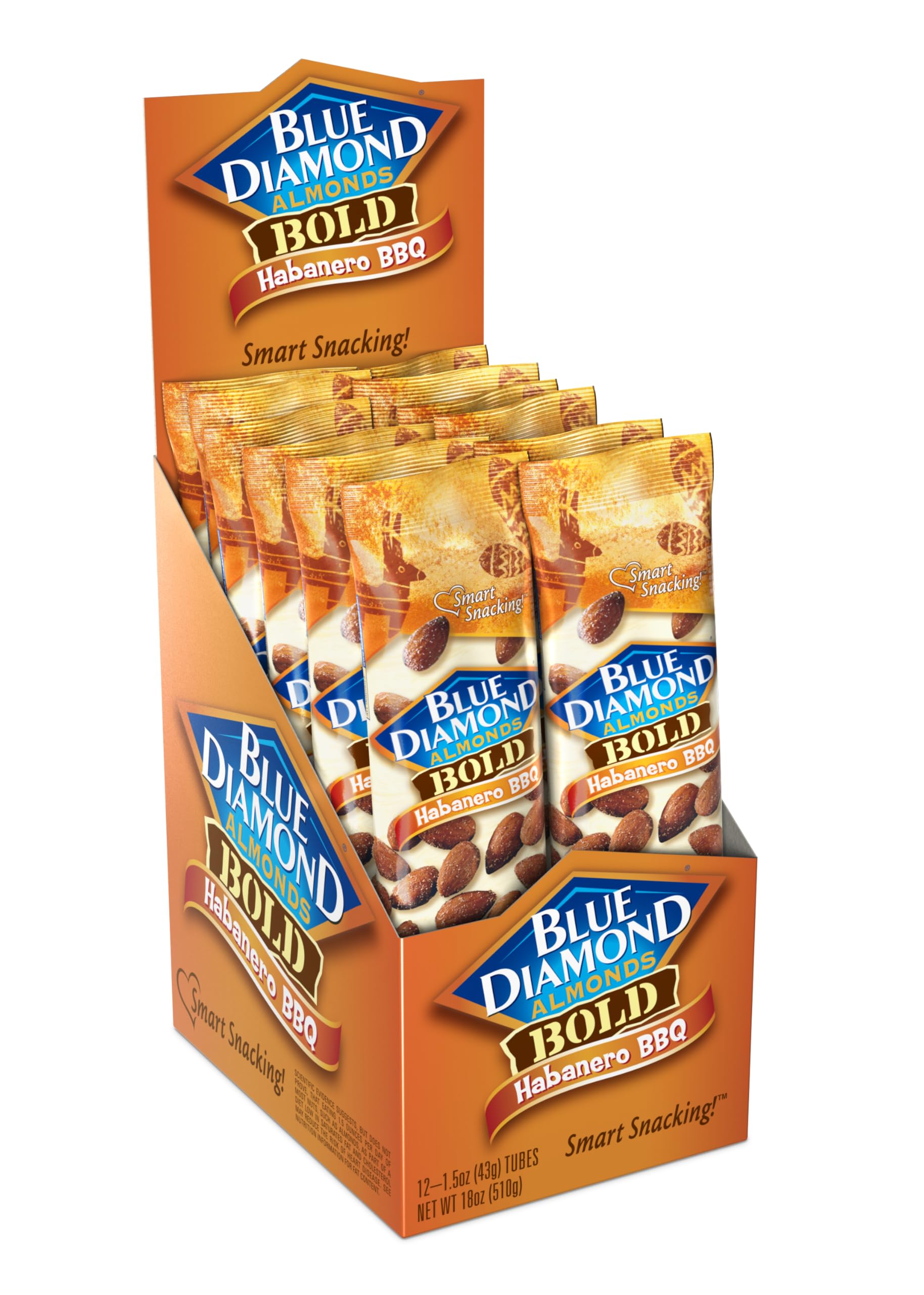 Blue Diamond Almonds, BOLD Flavored Habanero BBQ On-The-Go Snack Nuts Perfect for Road Trips, Lunches, Kids and Adults, 1.5 Single Serving Tubes, 12