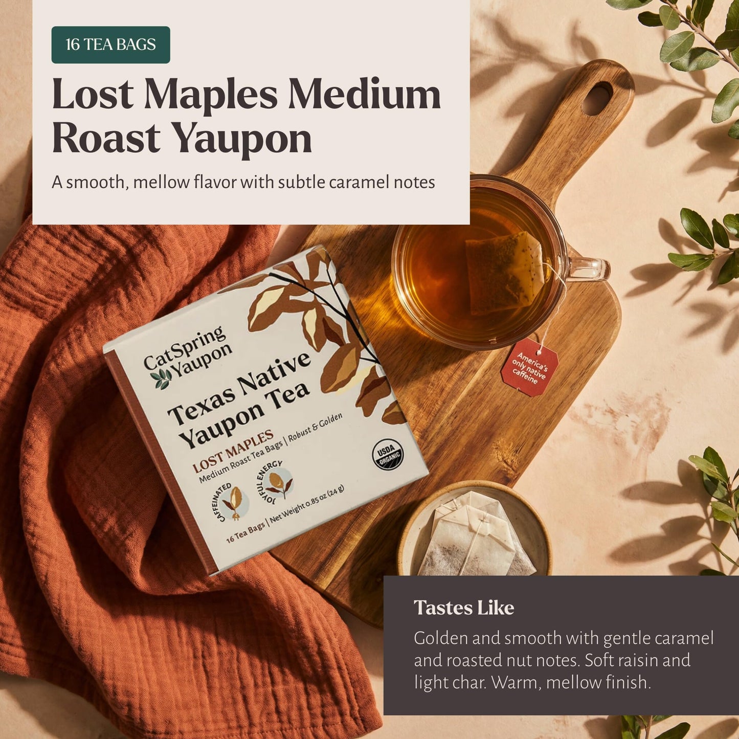CatSpring Yaupon Lost Maples Medium Roast Yaupon Tea, 16 Teabags, Naturally Caffeinated, Sustainable and Wild-Harvested, Bold and Smooth, Non-Bitter