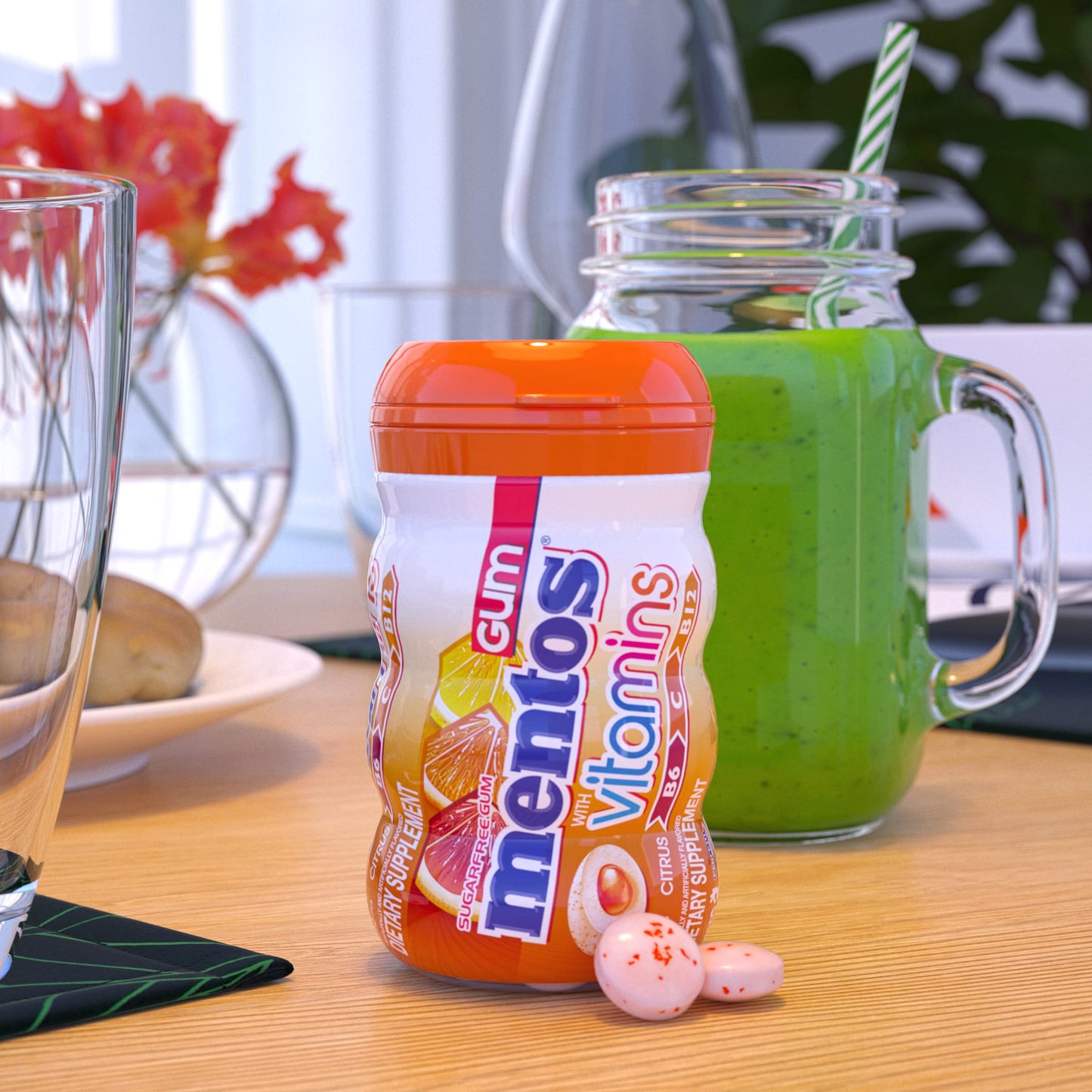 Mentos Gum with Vitamins, Sugar Free Chewing Gum with Xylitol, Citrus Flavor, Vitamins B6, B12 and C, Bottle of 45 (Bulk Pack of 4)