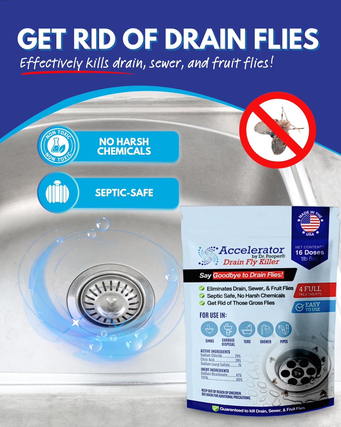 Drain Fly Killer Powder - Eliminates Drain Flies & Sewer Flies in Drains, Sinks, Showers - Fast-Acting Treatment - Septic Safe & Made in USA