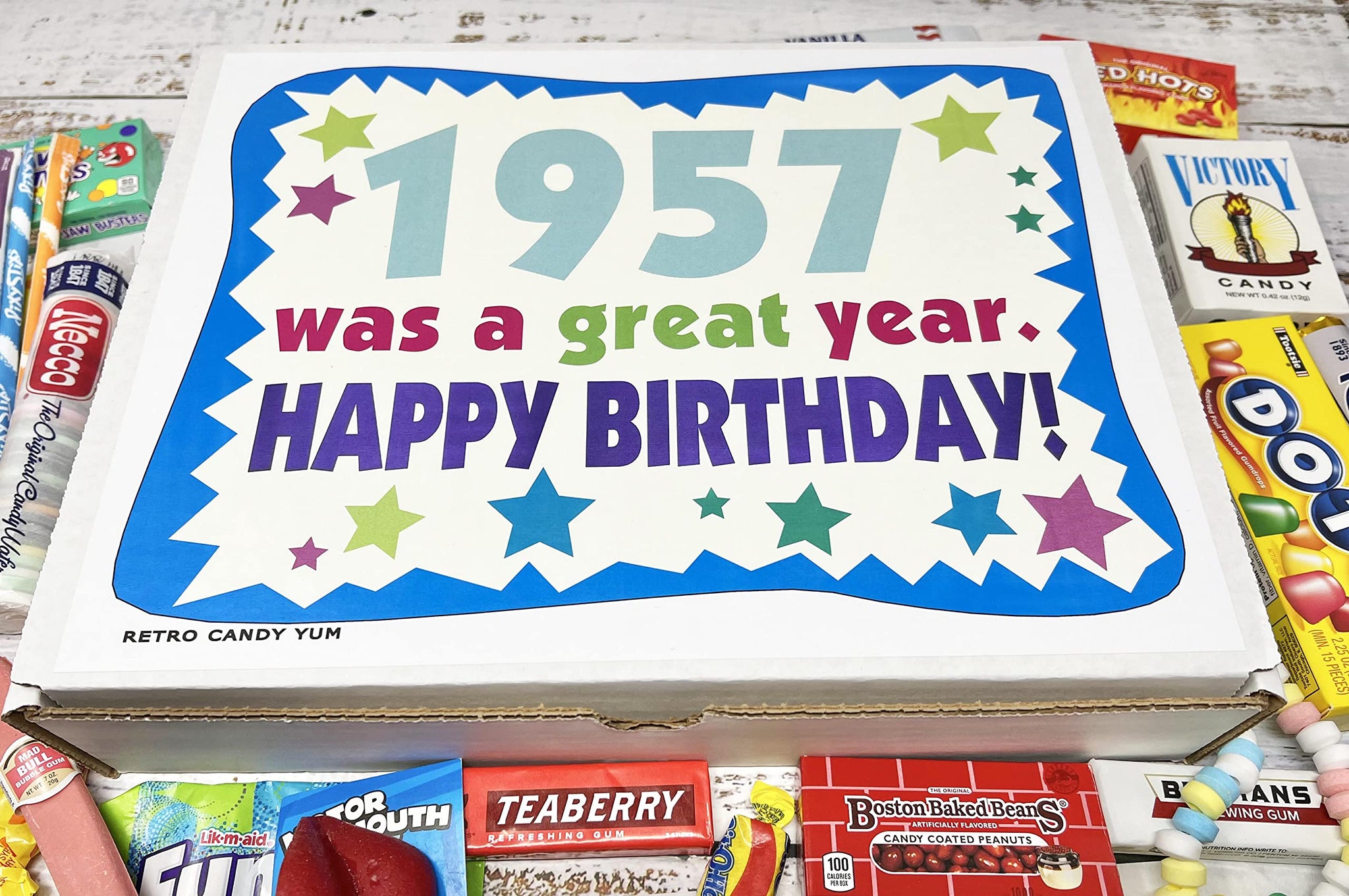 RETRO CANDY YUM ~ 1957 69th Birthday Gift Box of Nostalgic Candy from Childhood for 69 Year Old Man or Woman Born 1957