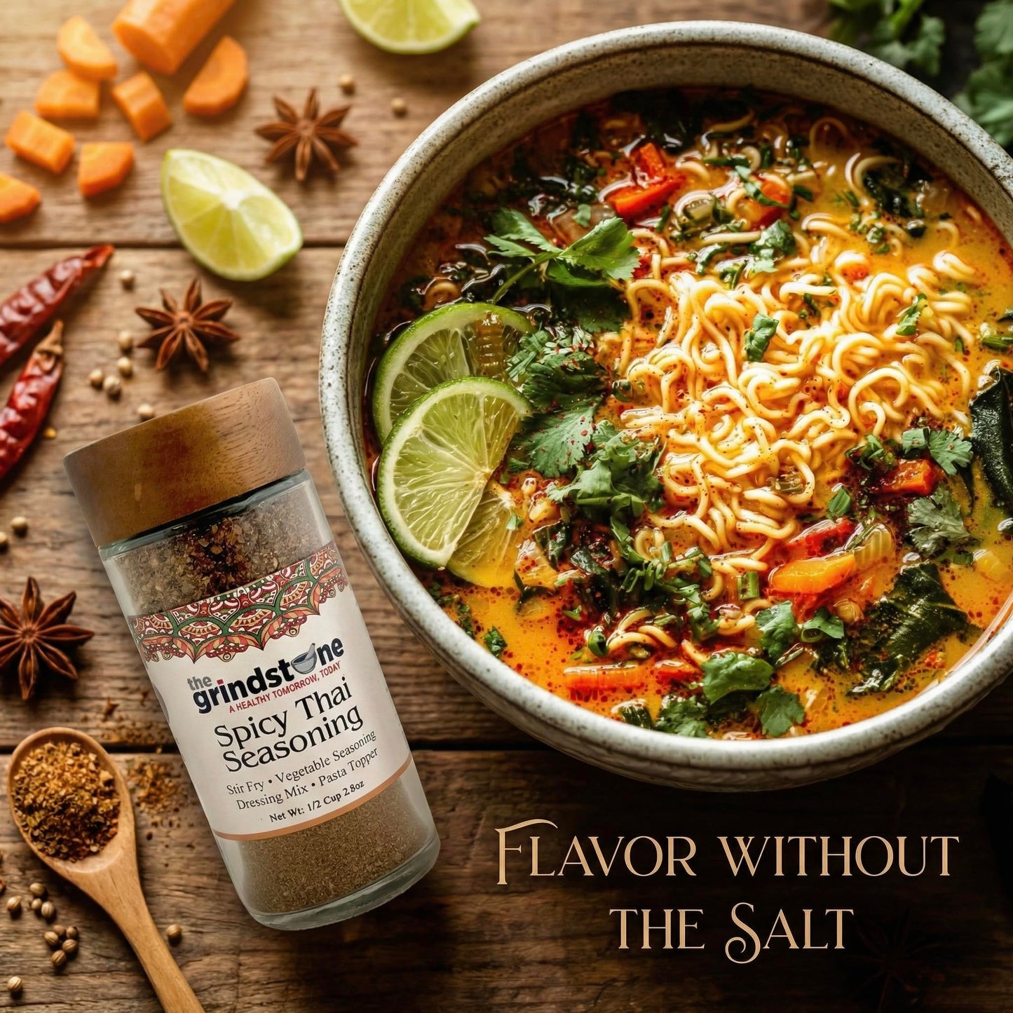Stir Fry, Spicy Thai Seasoning, Salt Free Spice blend, Suited for all Vegetables, Meat, Stir Fry, Popcorn, Noodles, 2.5 oz Glass Bottle with Sifter
