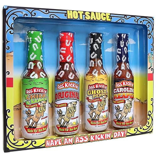 ASS KICKIN' Hot Sauce Gift Set 4 Pack - 4-5 oz - Premium Gourmet Hot Sauce for Chicken Wings and Breakfast Burritos-Perfect Premium Gourmet Gifts