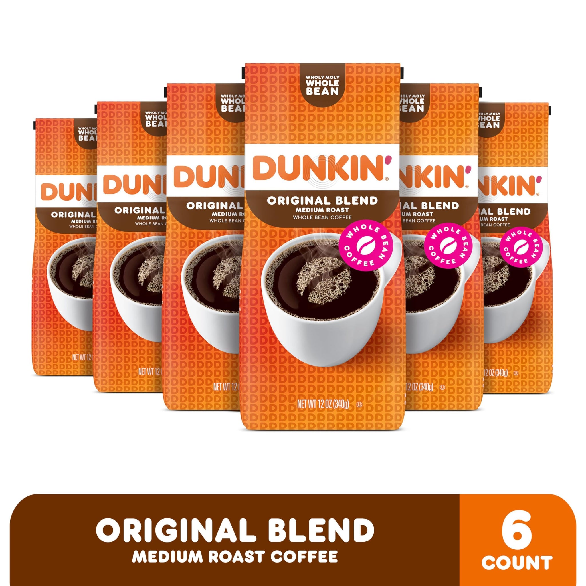 Dunkin' Original Blend Medium Roast Whole Bean Coffee, 12 Ounces (Pack of 6)