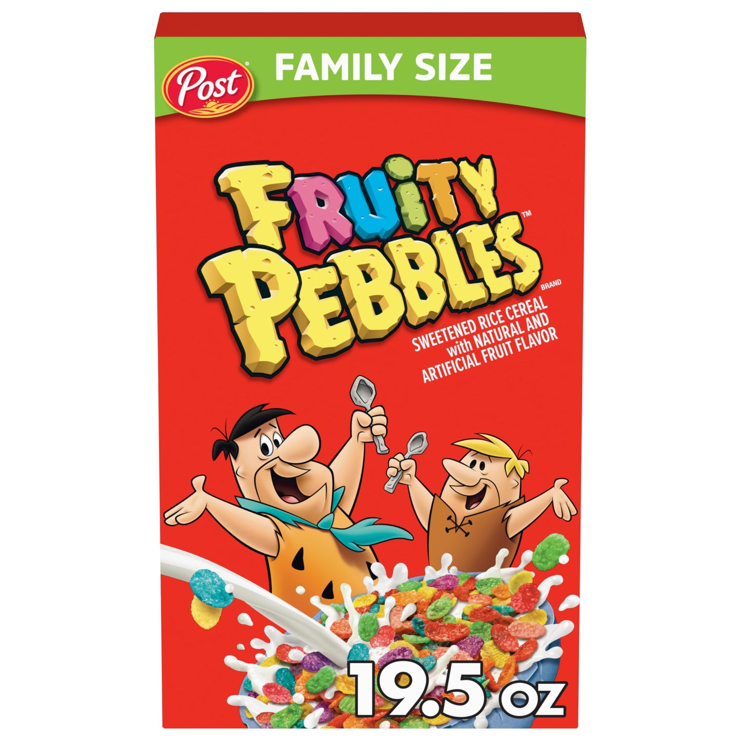 Pebbles Fruity PEBBLES Cereal, Fruity Kids Cereal, Gluten Free Rice Cereal for Kids, 19.5 OZ Family Size Cereal Box