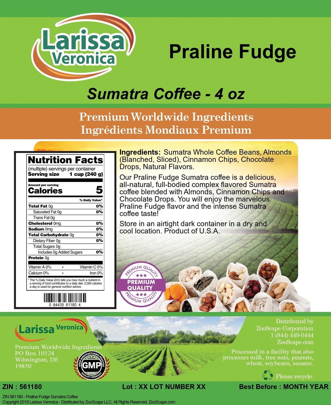 Praline Fudge Sumatra Coffee (Gourmet, Naturally Flavored, Whole Coffee Beans) (4 oz, ZIN: 561180) - 2 Pack