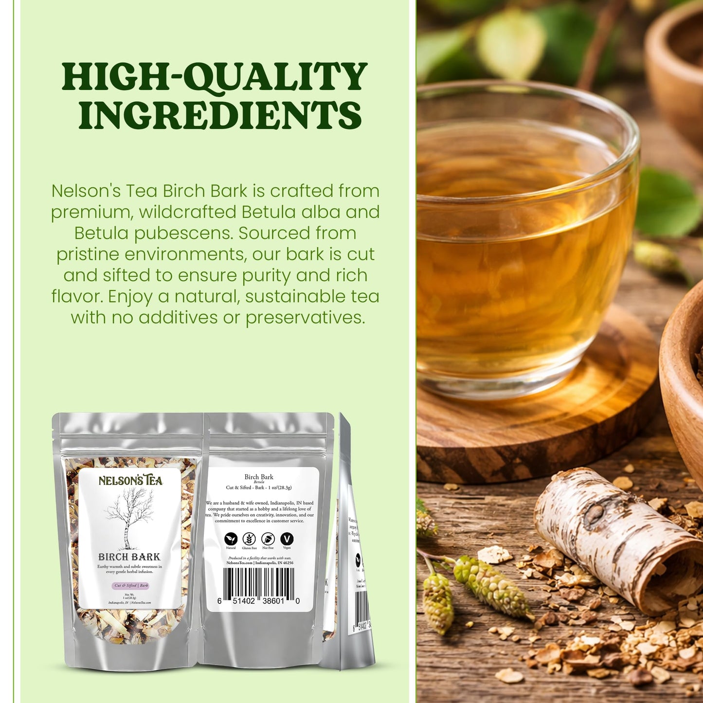 Nelson's Tea Birch Bark - Cut & Sifted Betula Alba Spice Loose Leaf Tea - Wildcrafted Betula Pubescens Spice Blend for Traditional Use, Natural Tea