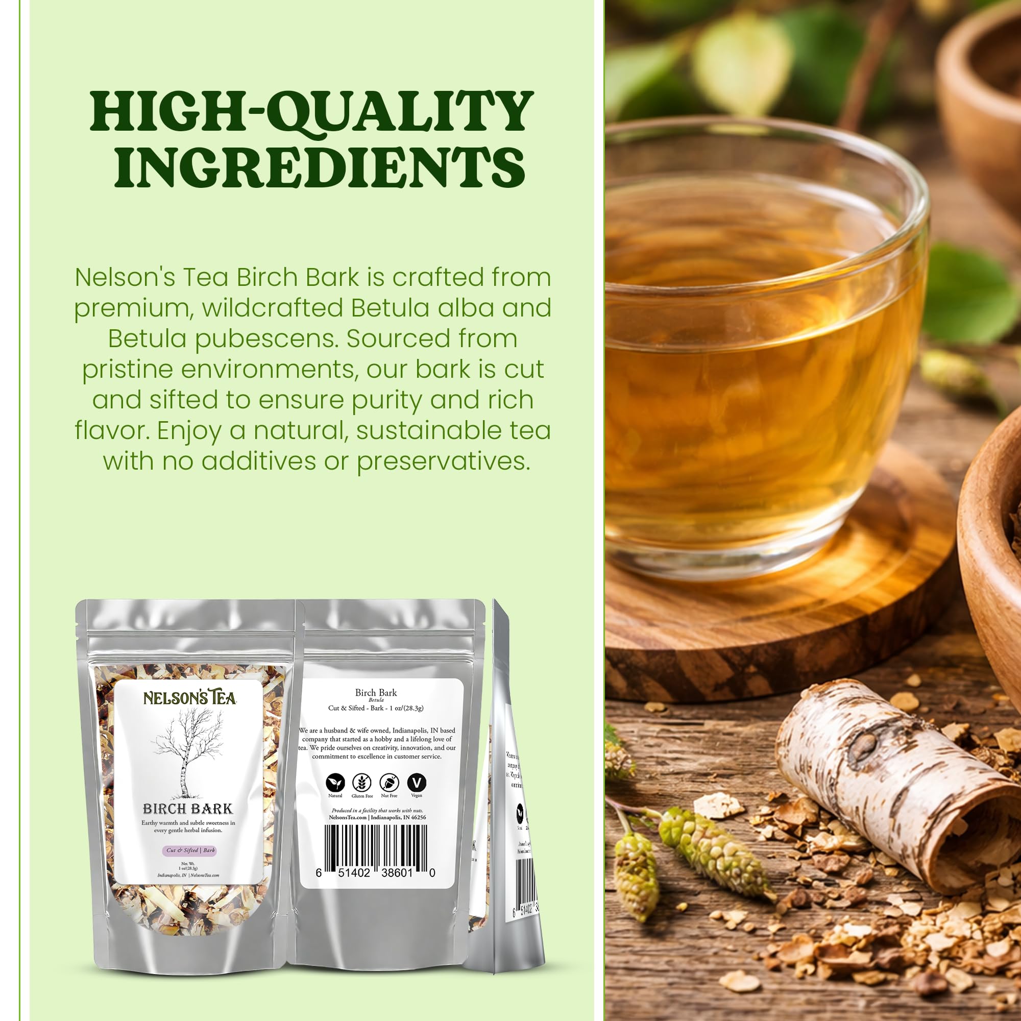Nelson's Tea Birch Bark - Cut & Sifted Betula Alba Spice Loose Leaf Tea - Wildcrafted Betula Pubescens Spice Blend for Traditional Use, Natural Tea