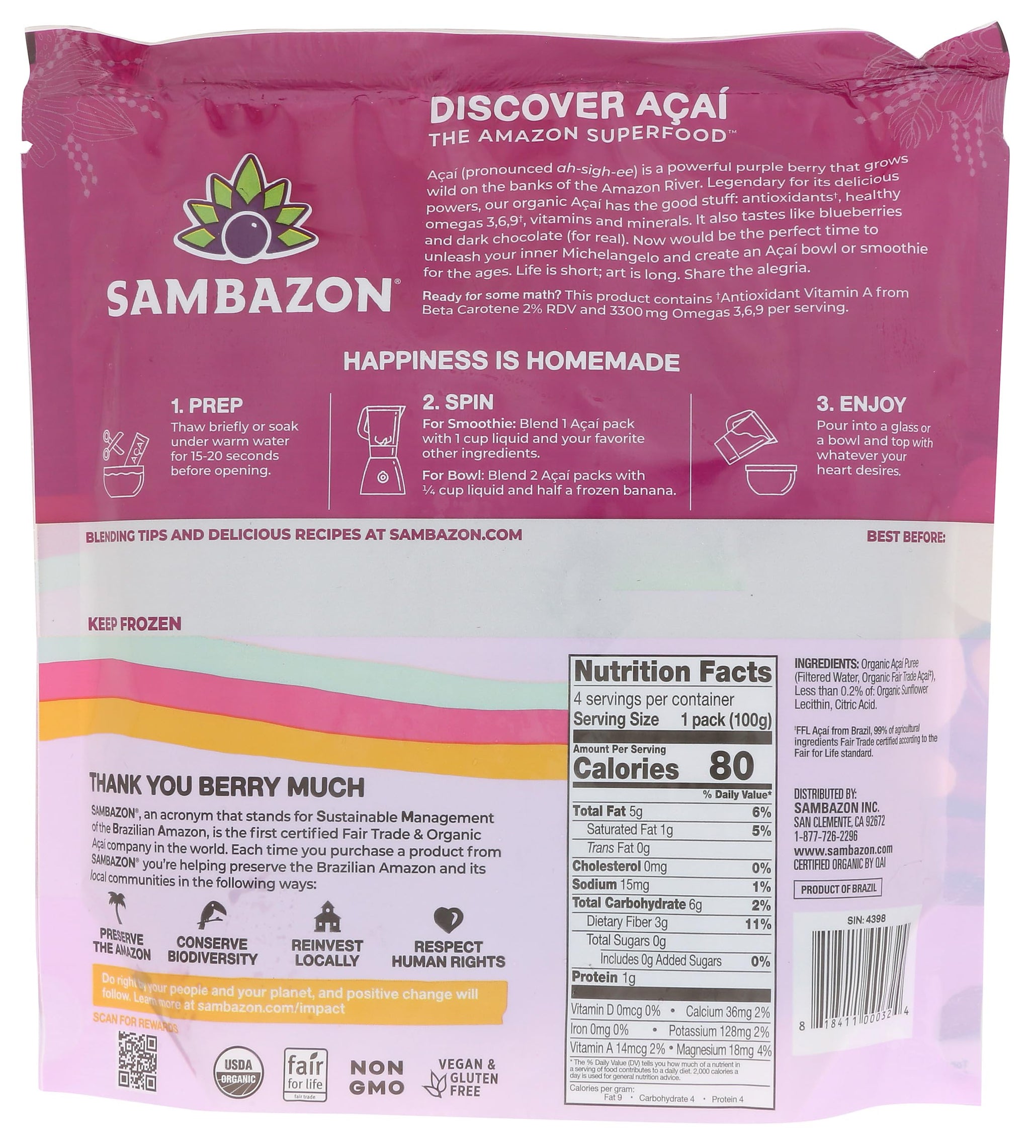 Sambazon Organic Unsweetened Acai Superfruit Packs, 14.1 OZ