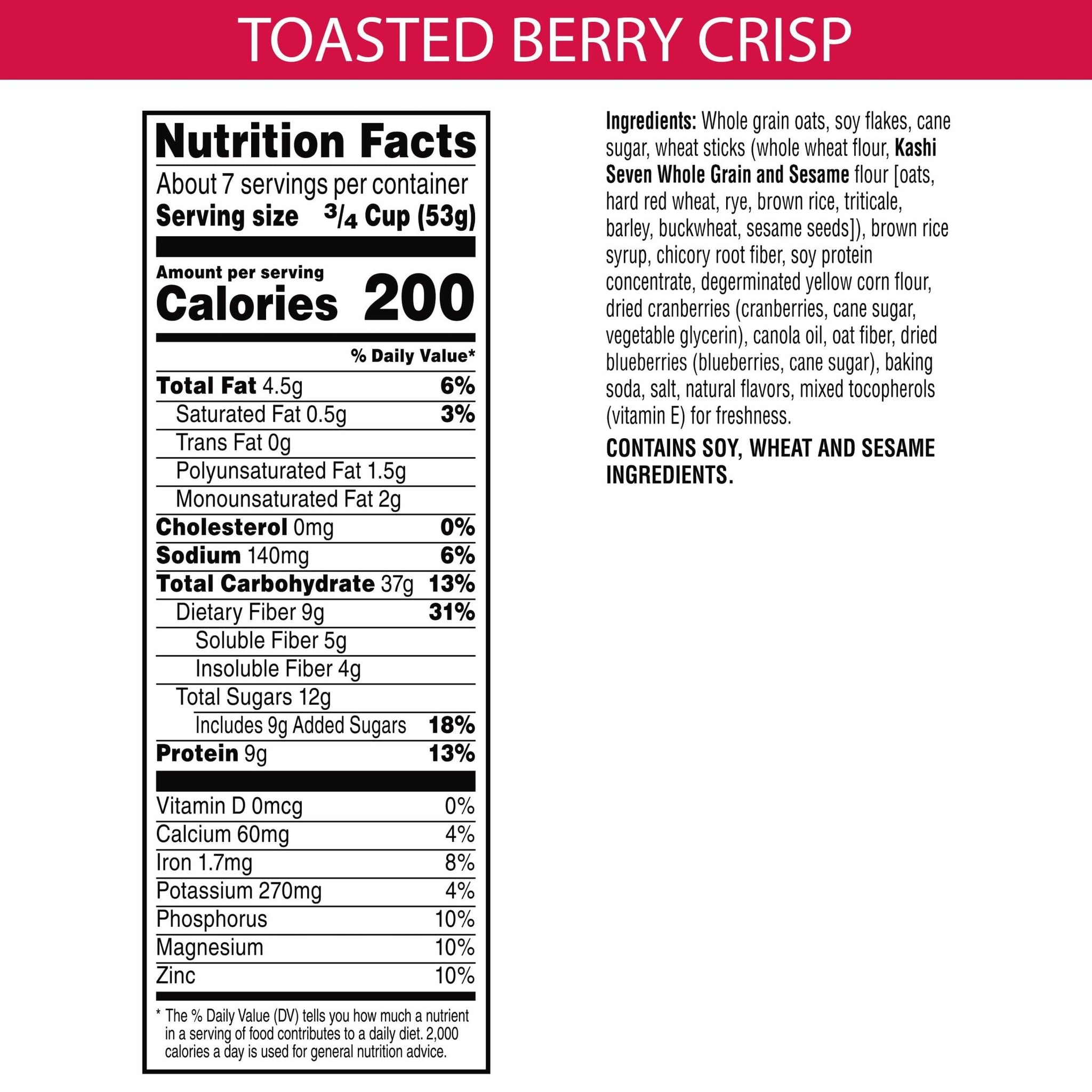 Kashi GO Breakfast Cereal, Vegan Protein, Fiber Cereal, Toasted Berry Crisp, 14oz Box (1 Box)