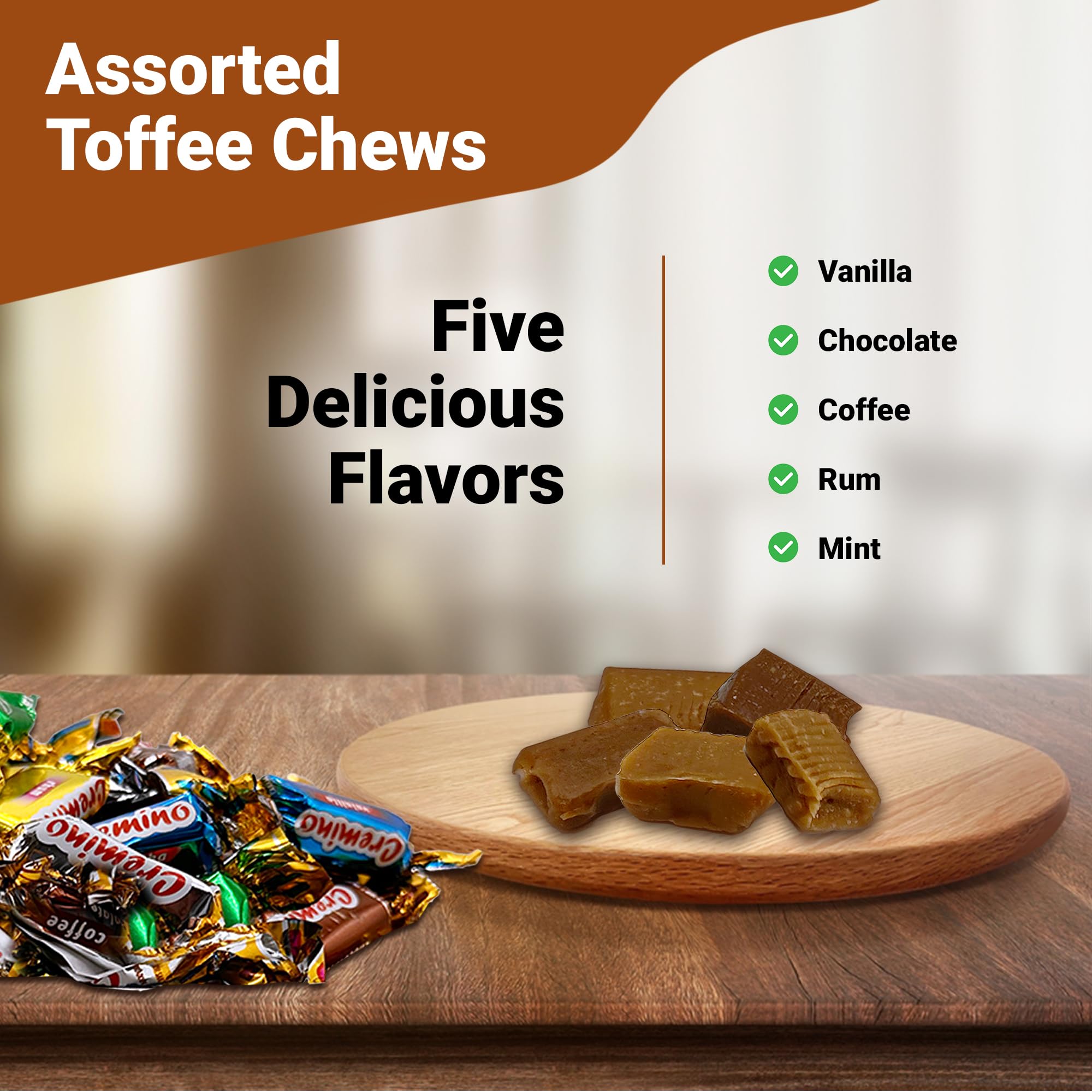 Toffee Candy Assorted - 1 Pound Bulk Chews, Toffee Candy Individually Wrapped - Five Delicious Flavors Vanilla, Chocolate, Coffee, Rum and Mint