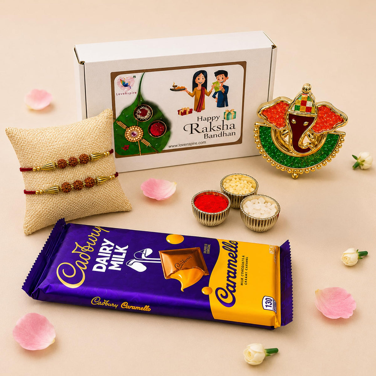 LoveNspire Raksha Bandhan Gift Hamper for Brother & Bhabhi - Rudraksha Rakhi Bracelet Set with Chocolates, Candle Holder & Roli Chawal | Traditional
