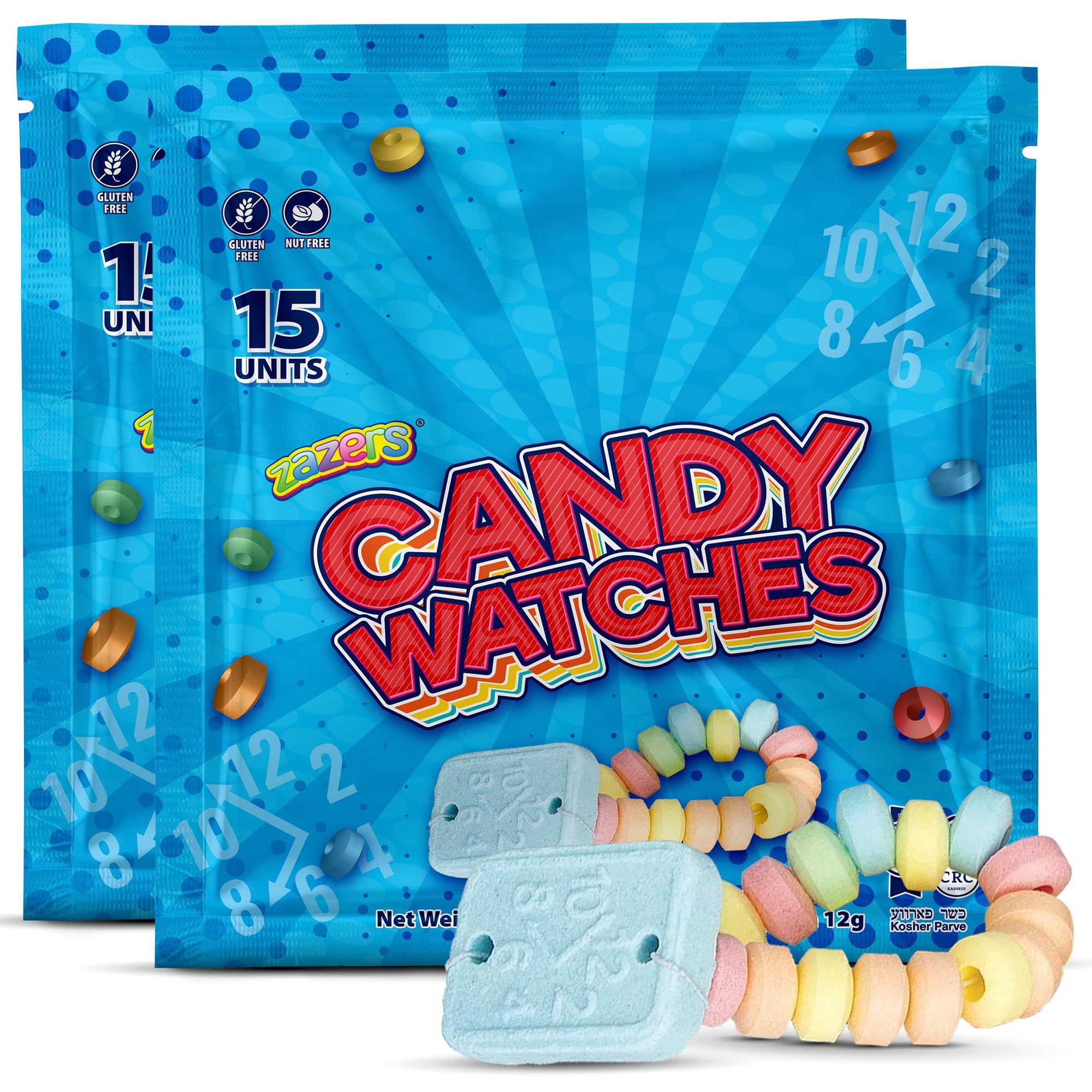 30 Candy Bracelet Watches Party Favors - Pack of 30 Blue Individually Wrapped Candy Bracelets with Colorful Fruit Flavor - Stretchable, Edible, Fruity