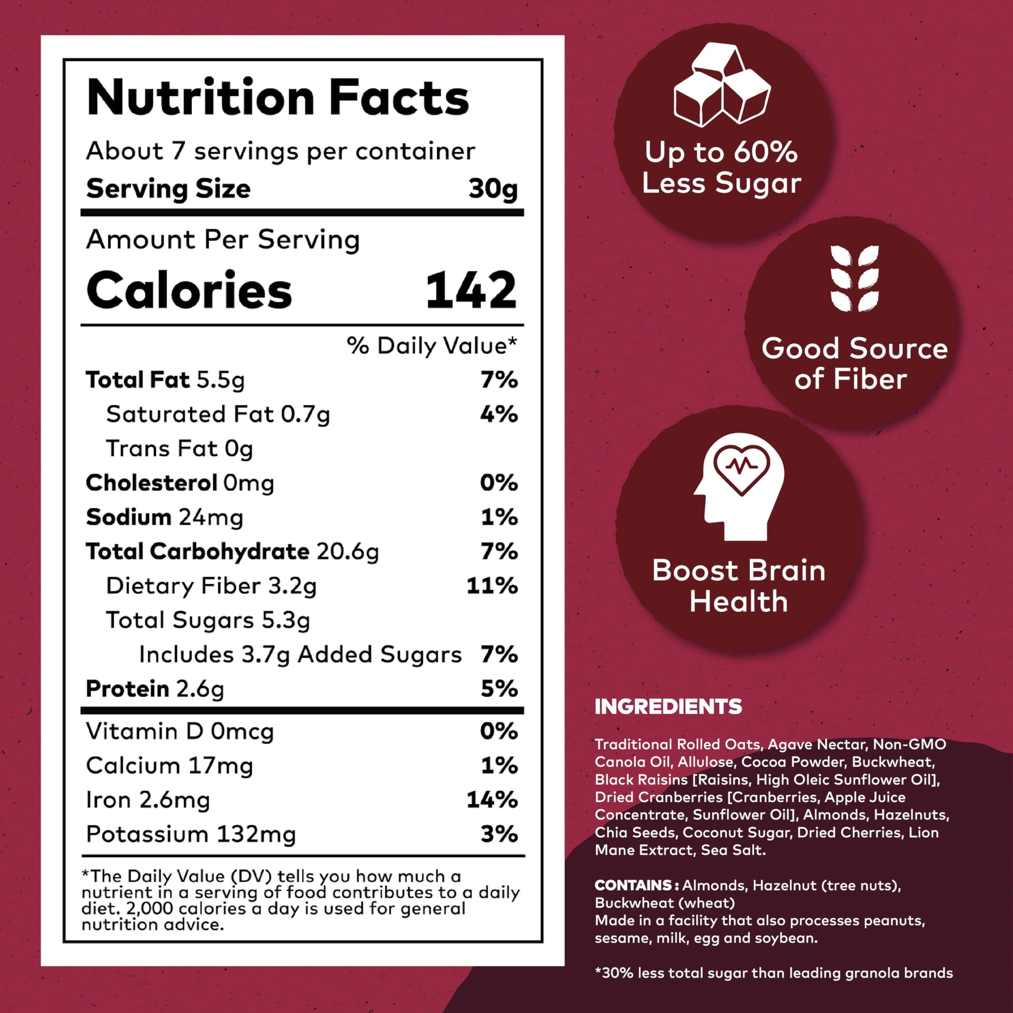 Dark Chocolate Hazelnut Granola with Lion's Mane Mushroom | Natural, Hand-Baked, Reduced Sugar, Rich in Iron | for Breakfast Cereal, Trailmix, Yogurt