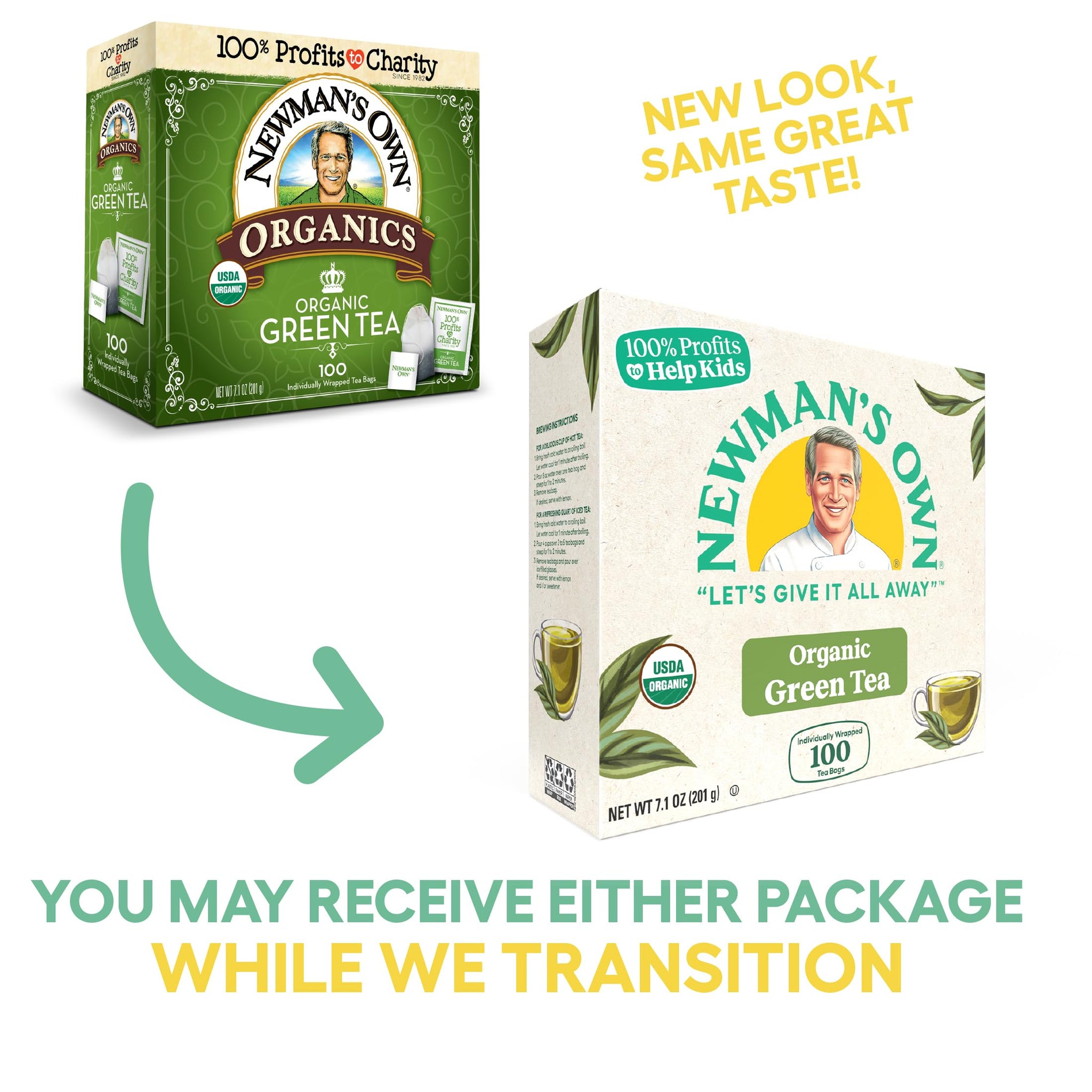 Newman's Own Organic Green Tea with 100 Individually Wrapped Tea Bags Per Box (Pack of 2) USDA Certified Contains Caffeine Brew Hot