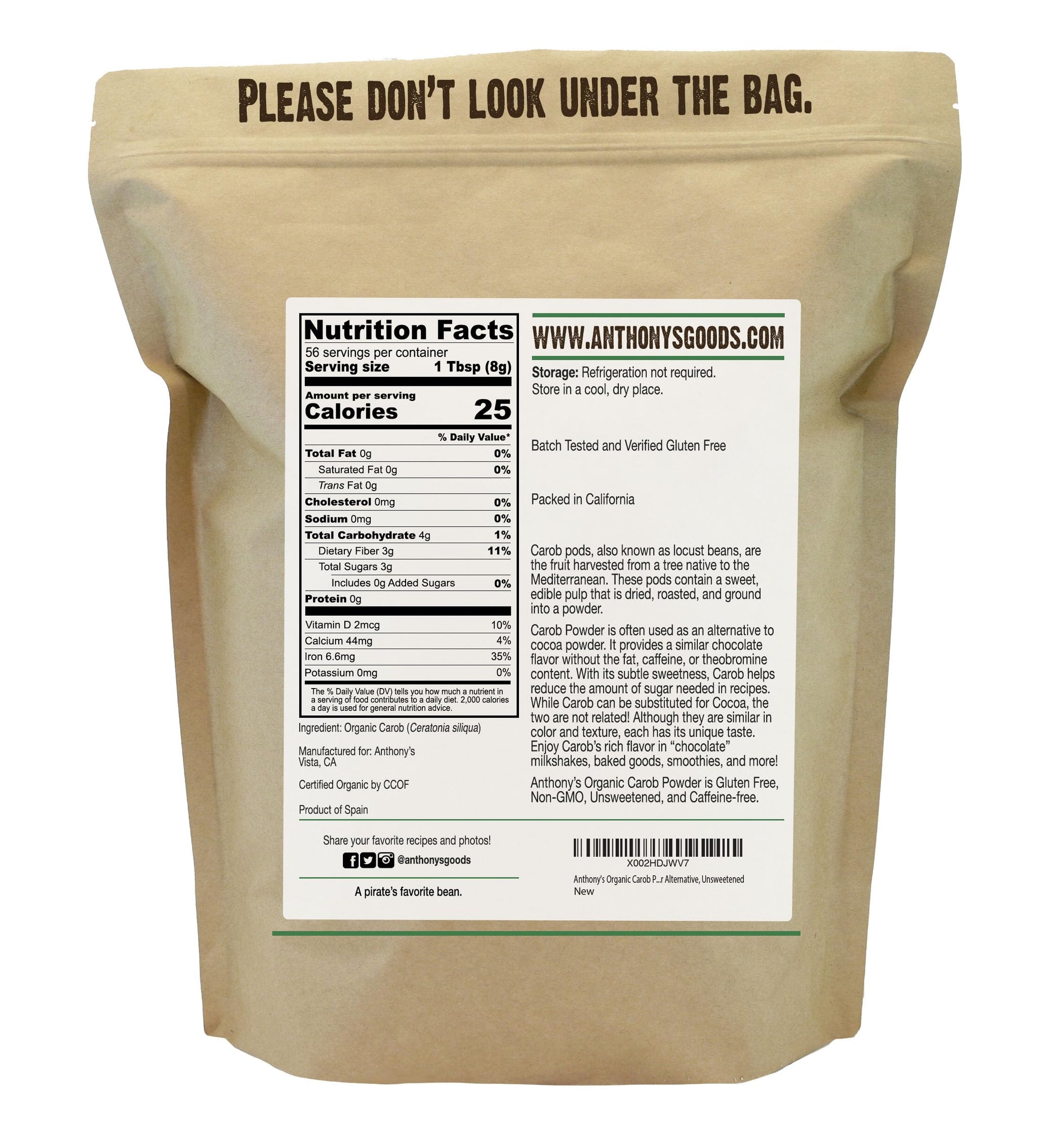 Anthony's Organic Carob Powder, 1 lb, Gluten Free, Non GMO, Cocoa Powder Alternative, Unsweetened
