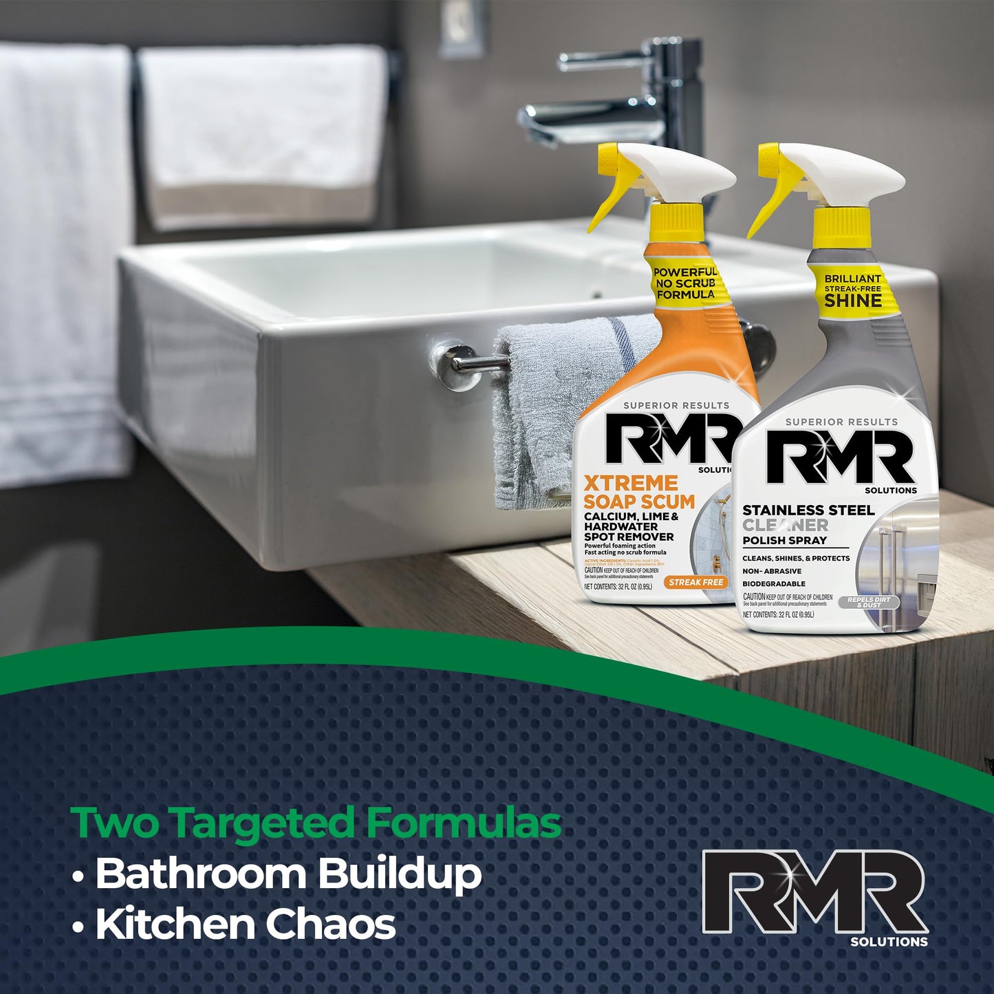 RMR Buildup Breakdown Bundle - Xtreme Soap Scum Remover + Stainless Steel Cleaner Polish, 2-Step Bathroom & Kitchen Cleaning Kit for Shower, Tub