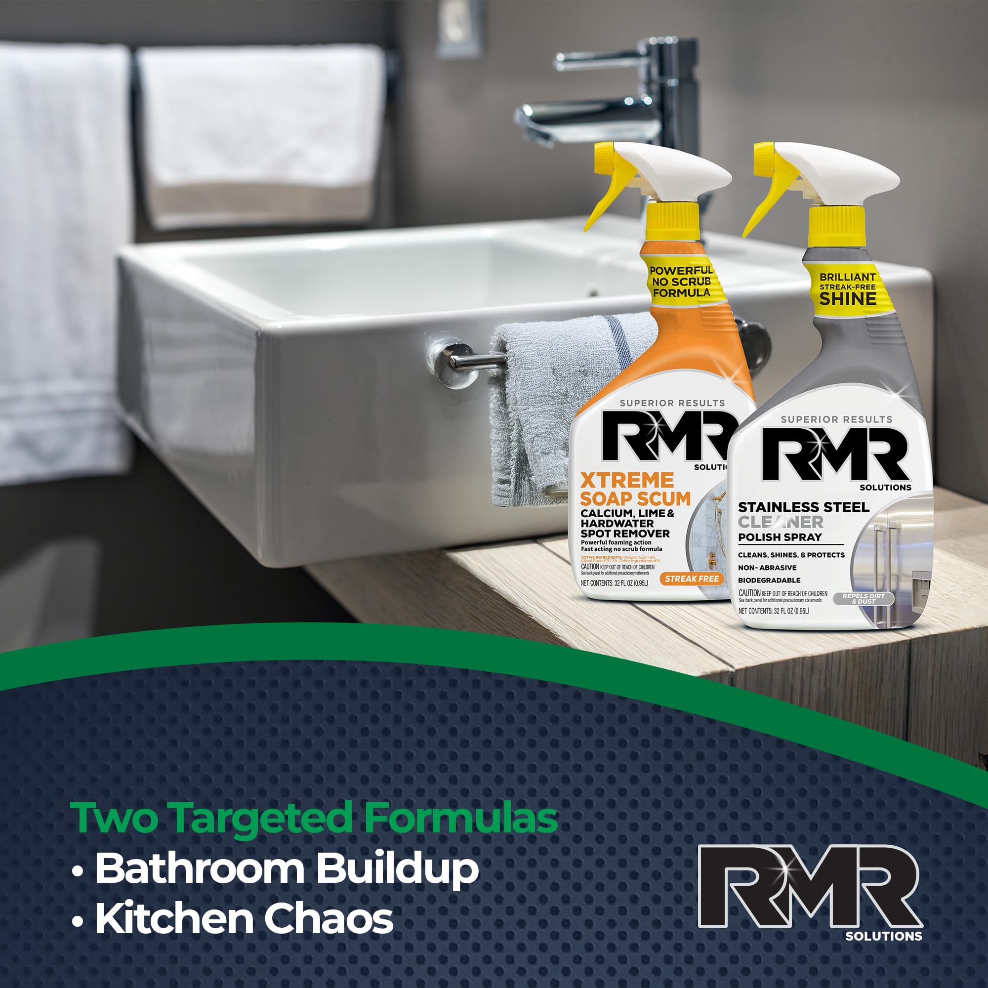 RMR Buildup Breakdown Bundle - Xtreme Soap Scum Remover + Stainless Steel Cleaner Polish, 2-Step Bathroom & Kitchen Cleaning Kit for Shower, Tub