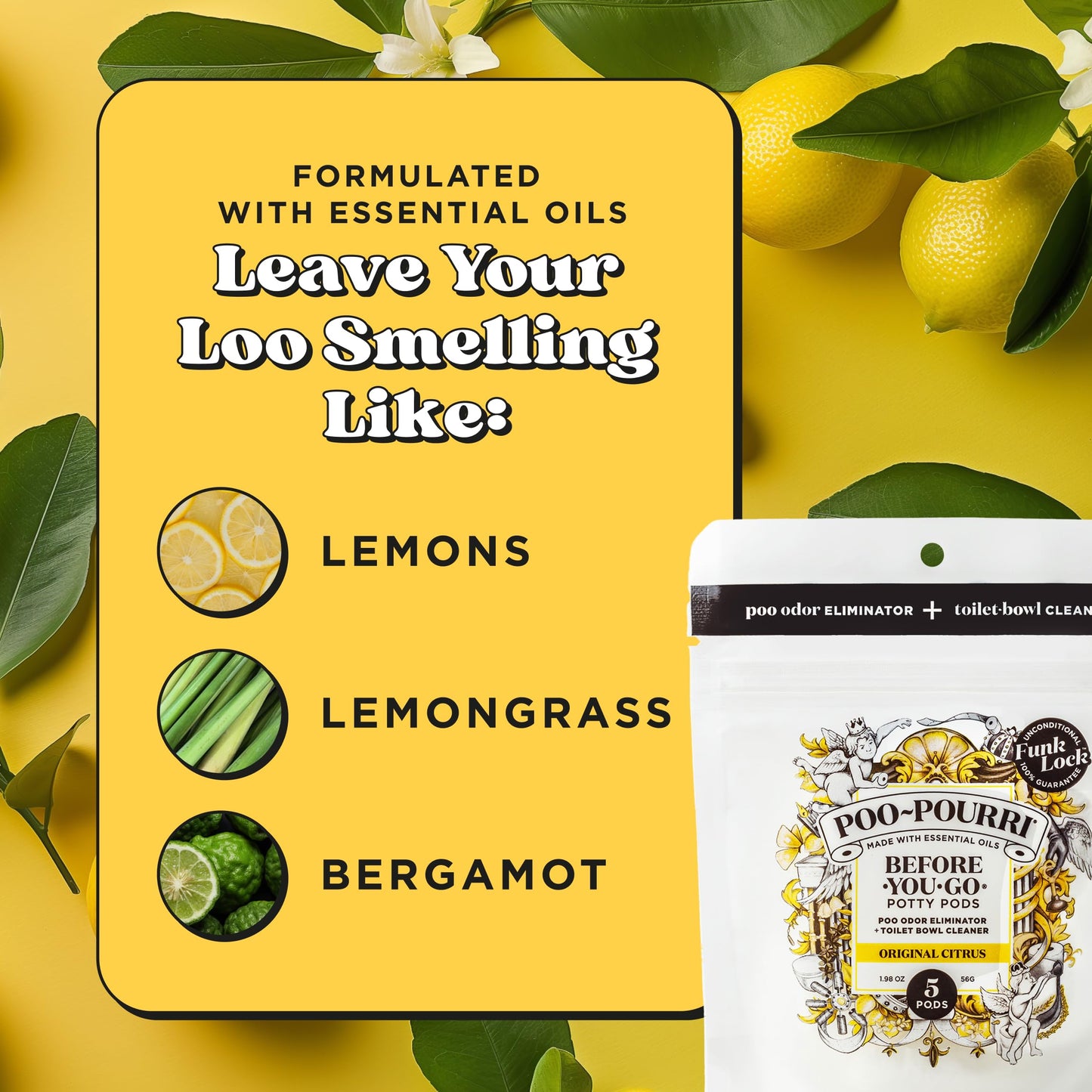 Poo-Pourri Before-You-Go 2-in-1 Toilet Potty Pods, Original Citrus, 5 Ct, Bathroom Odor Deodorizer and Toilet Cleaner with Essential Oils, Lemon